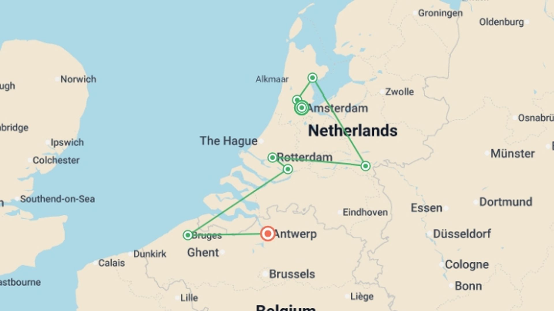 A map showing the tour itinerary for the trip: Tulips & Windmills (2026), starting in Amsterdam, Holland and ending in Antwerp, Belgium going through 6 other destinations.