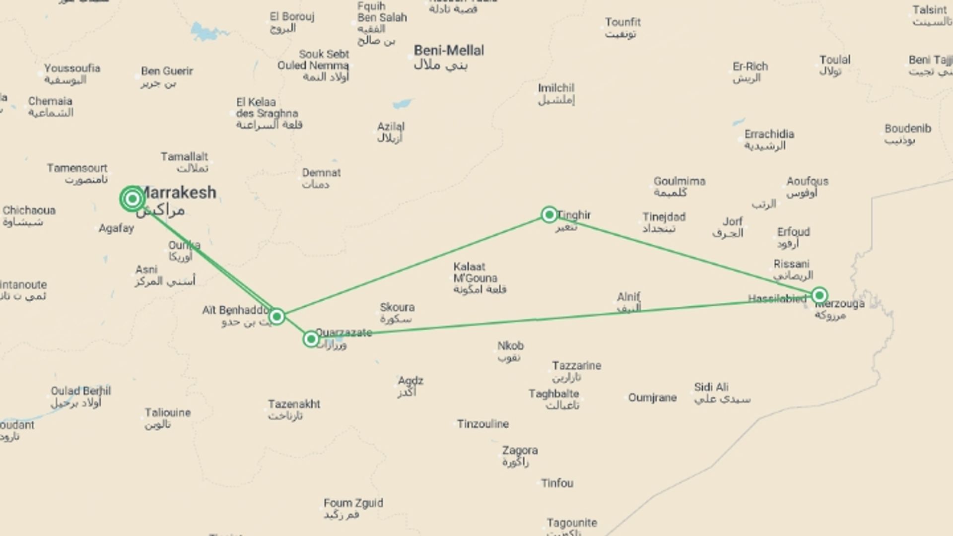 A map showing the tour itinerary for the trip: Morocco Adventure For Teenagers - 8 days, starting in Marrakech, Morocco and ending in Marrakech, Morocco going through 4 other destinations.