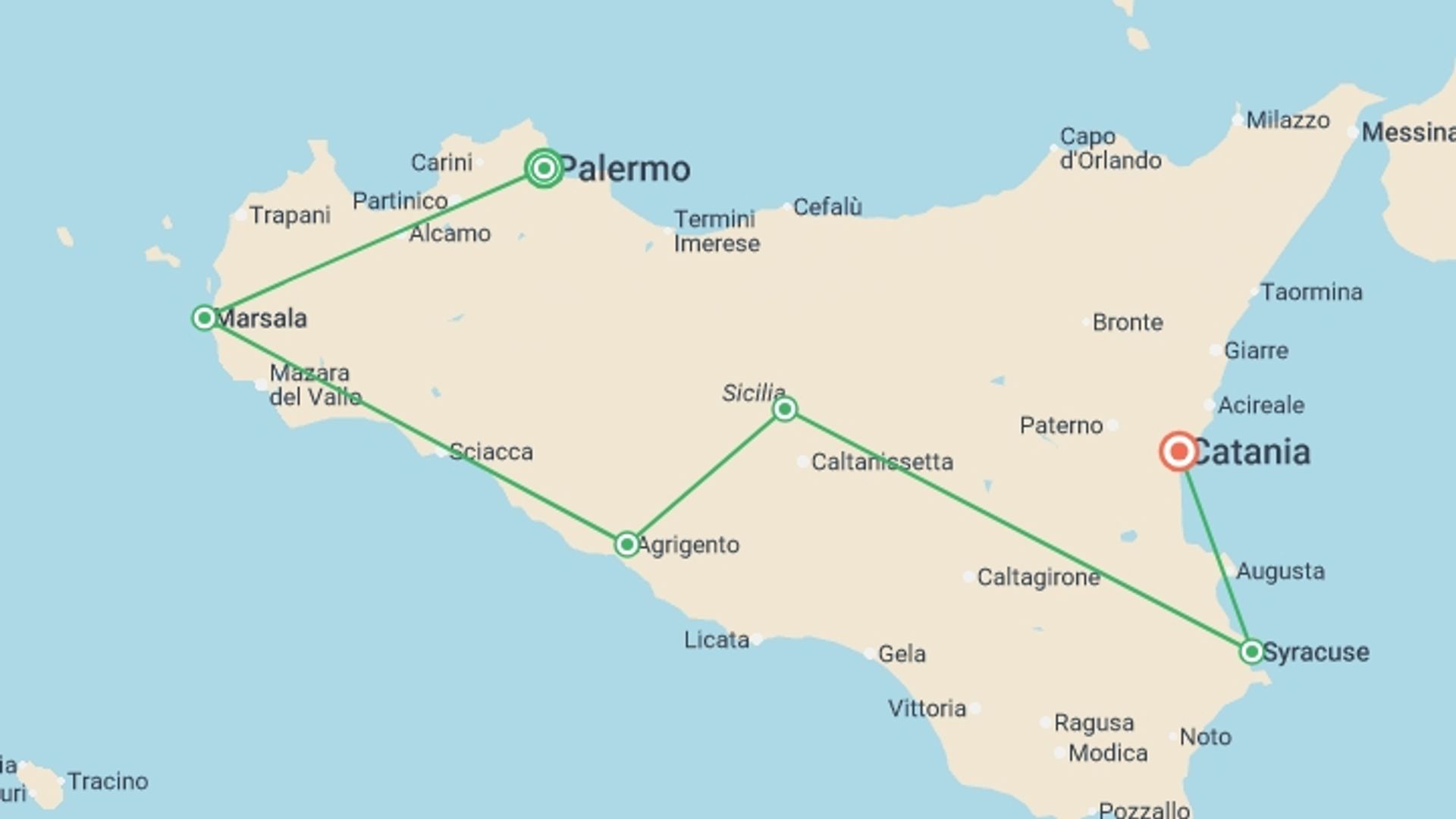 A map showing the tour itinerary for the trip: Sicily Food & Wine, starting in Palermo, Italy and ending in Catania, Italy going through 5 other destinations.