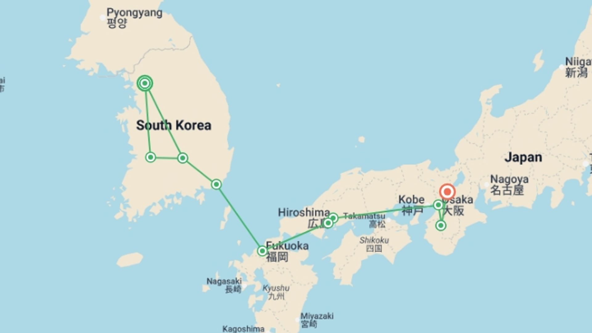 A map showing the tour itinerary for the trip: Journey from Seoul to Kyoto, starting in Seoul, South Korea and ending in Kyoto, Japan going through 5 other destinations.