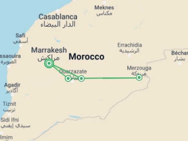 Map itinerary of Marrakech Tour in April 2027 with 4 destination visits for the trip: Moroccan Desert Adventure: River Canyons & Camels