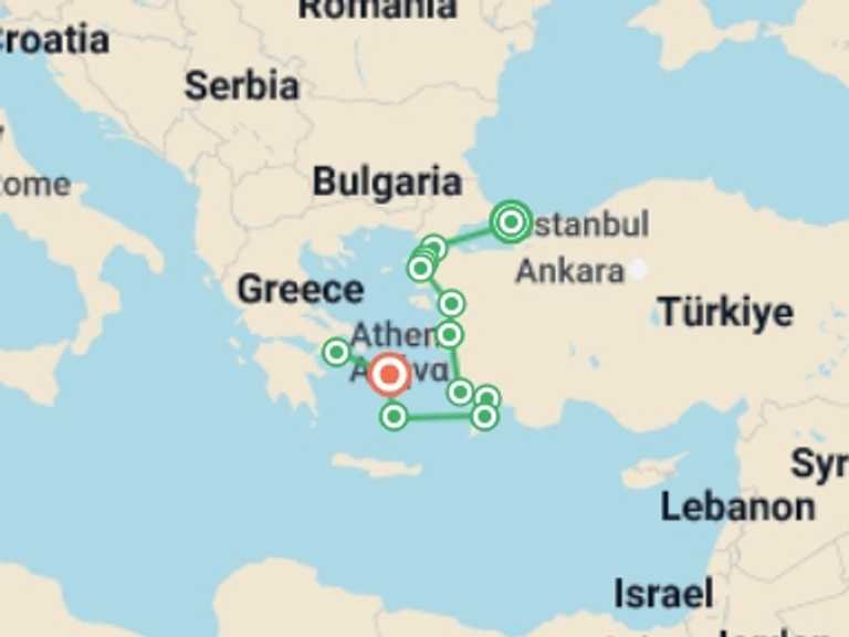 Map itinerary of Europe Tour in May 2026 with 9 destination visits for the trip: Glories of Türkiye and Greece