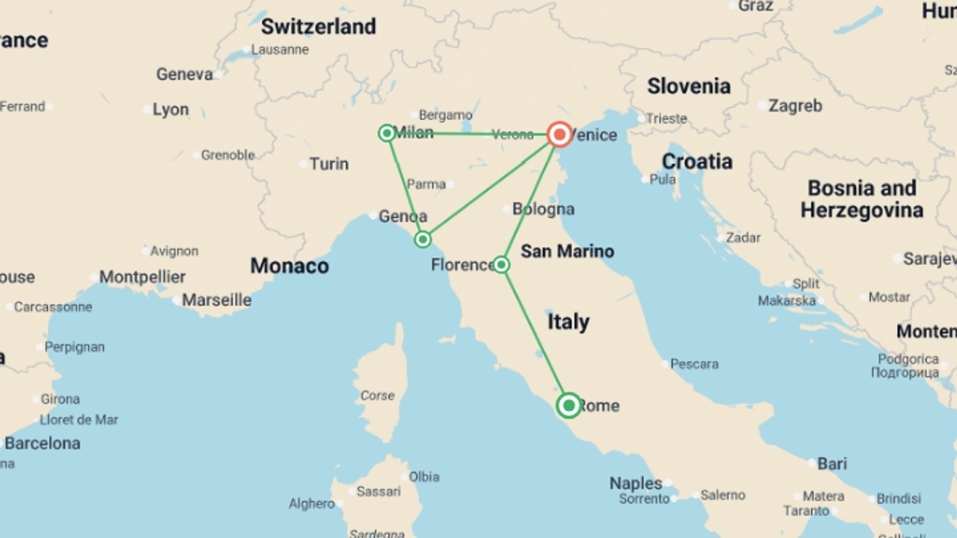 A map showing the tour itinerary for the trip: Italian Highlights & Liguria - 11 days, starting in Rome, Italy and ending in Venice, Italy going through 3 other destinations.