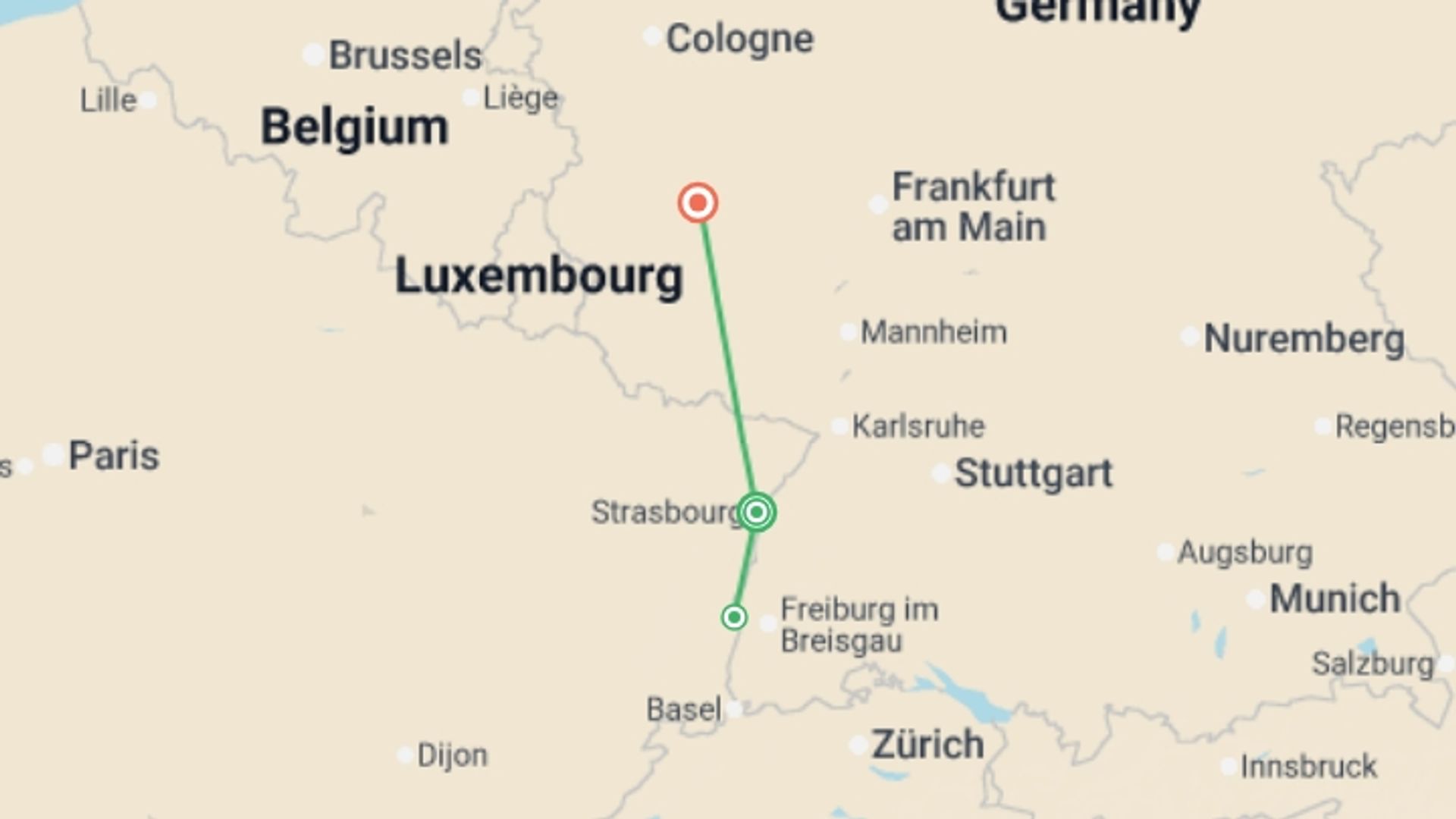 A map showing the tour itinerary for the trip: The Most Beautiful Christmas Markets on a Cruise through Alsace - Strasbourg, Colmar, delicious food, and festive lights during the pre-holiday season (port-to-port cruise), starting in Strasbourg, France and ending in Rhineland-Palatinate & Saarland, Germany going through 1 other destinations.