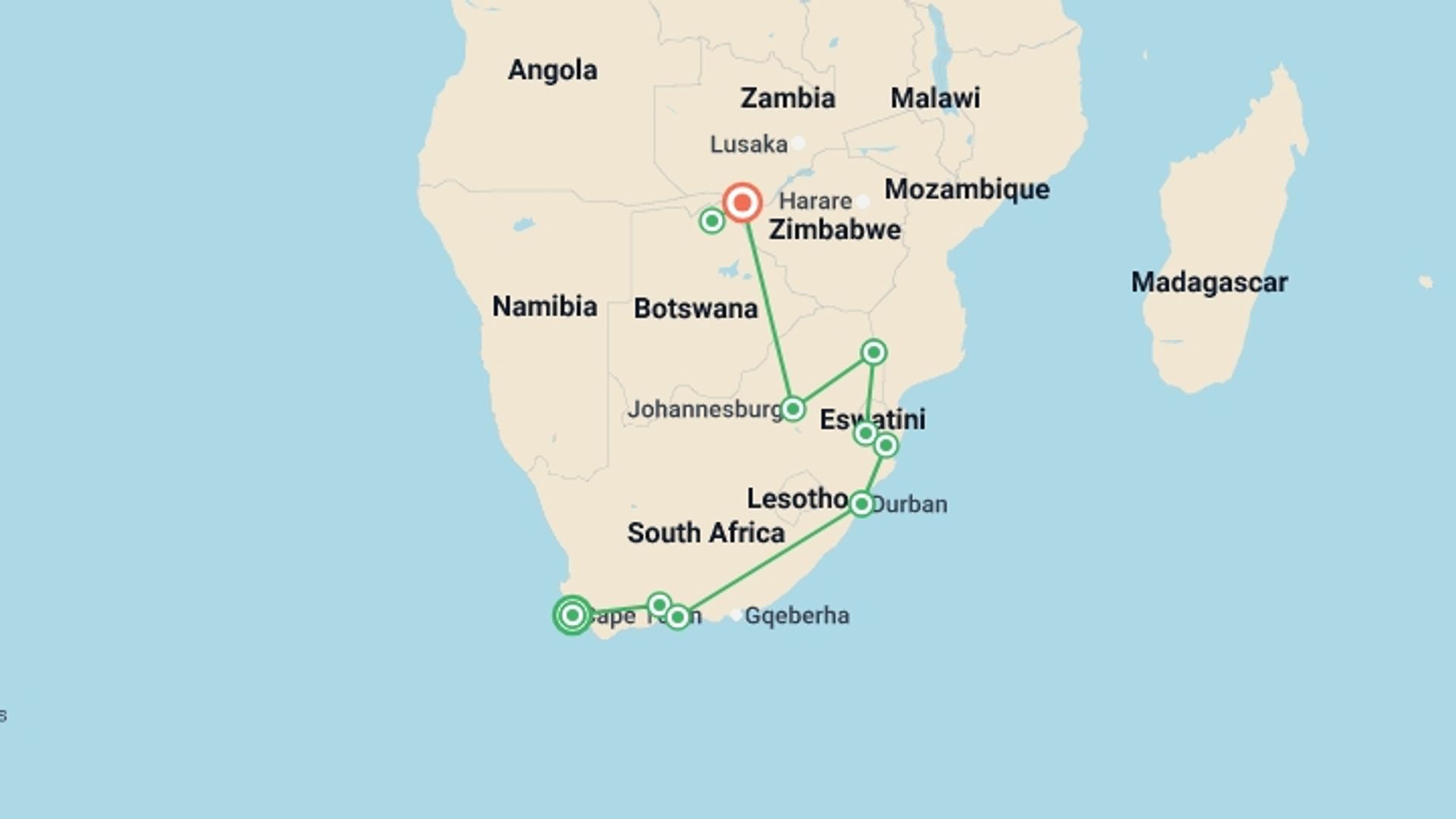 A map showing the tour itinerary for the trip: South Africa & Victoria Falls, starting in Cape Town, South Africa and ending in Victoria Falls, Zimbabwe going through 8 other destinations.