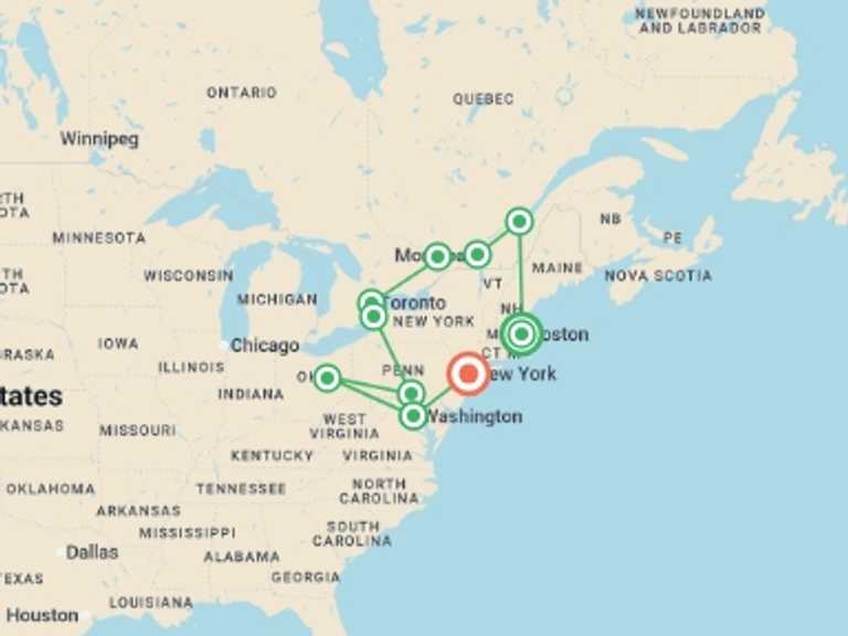 Map of a Adventure Tour with 9 destination visits for the trip: Patriot Trails