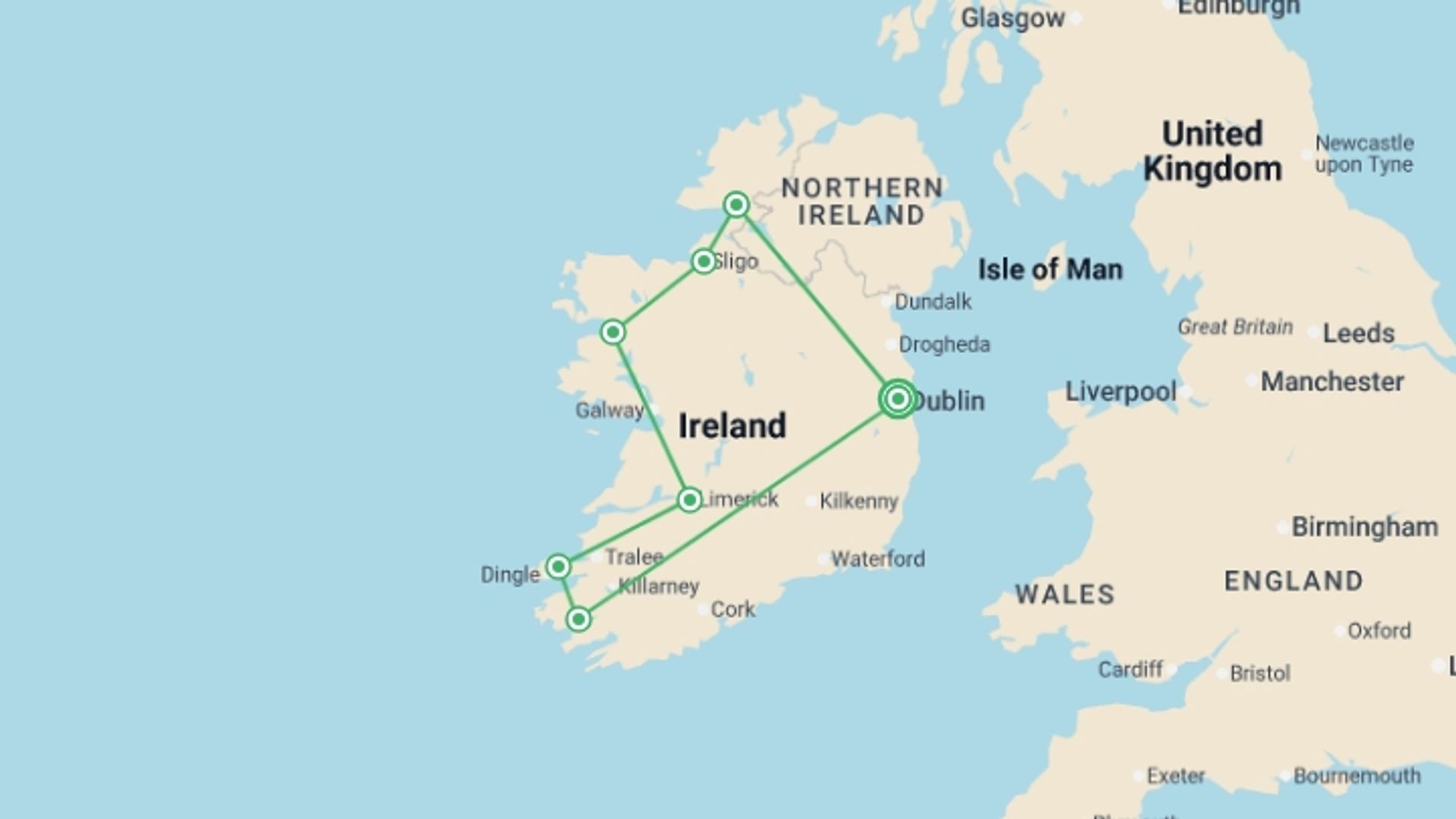 A map showing the tour itinerary for the trip: Wild Atlantic Way: Discovering Ireland’s Coastal Beauty, starting in Dublin, Ireland and ending in Dublin, Ireland going through 6 other destinations.
