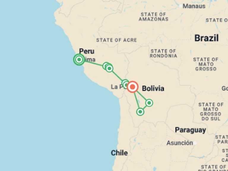 Map itinerary of South America Tour in February 2026 with 9 destination visits for the trip: Best of Peru & Bolivia - 15 days