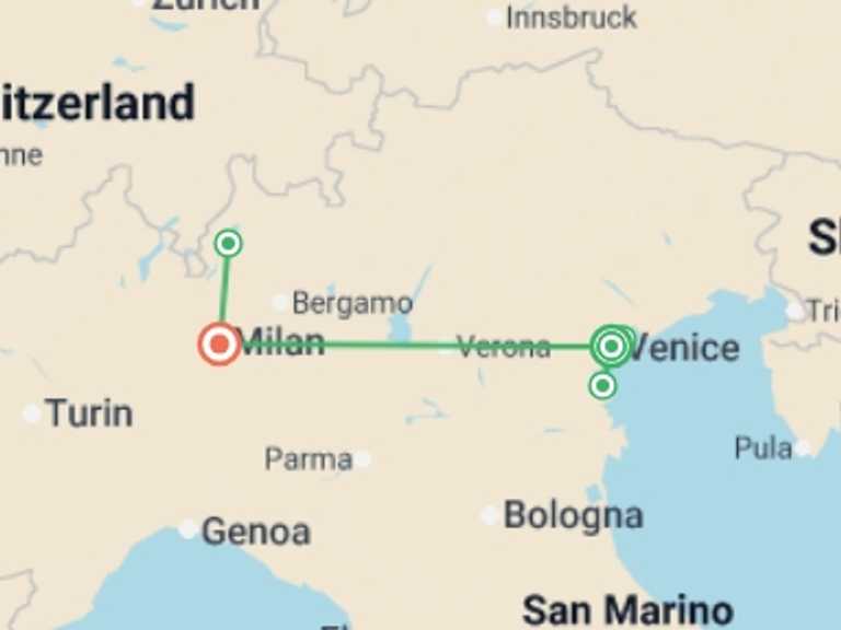 Map of Europe Tour with 4 destination visits for the trip: Venetian Treasures & Milan and Lake Como (port-to-port cruise)