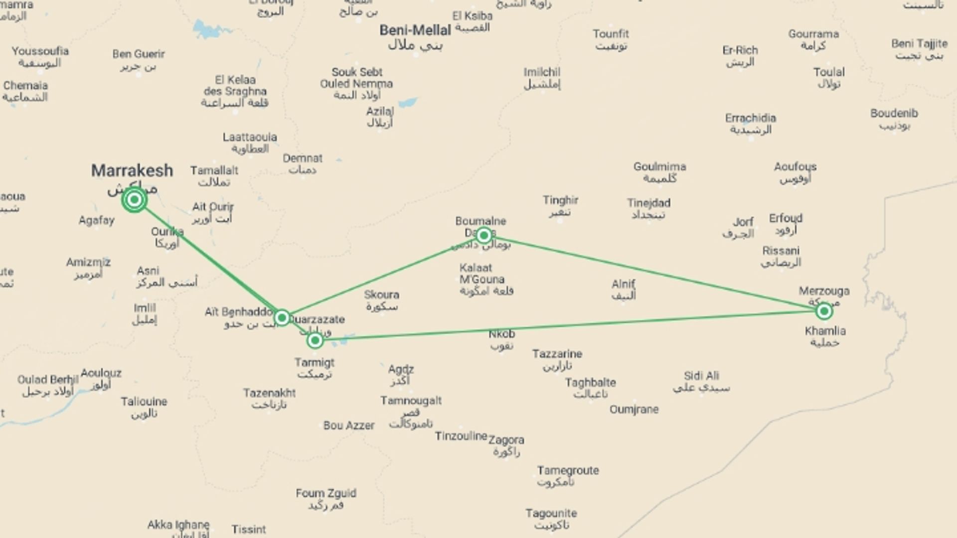A map showing the tour itinerary for the trip: Morocco Family Journey: Ancient Souks to the Sahara, starting in Marrakech, Morocco and ending in Marrakech, Morocco going through 5 other destinations.