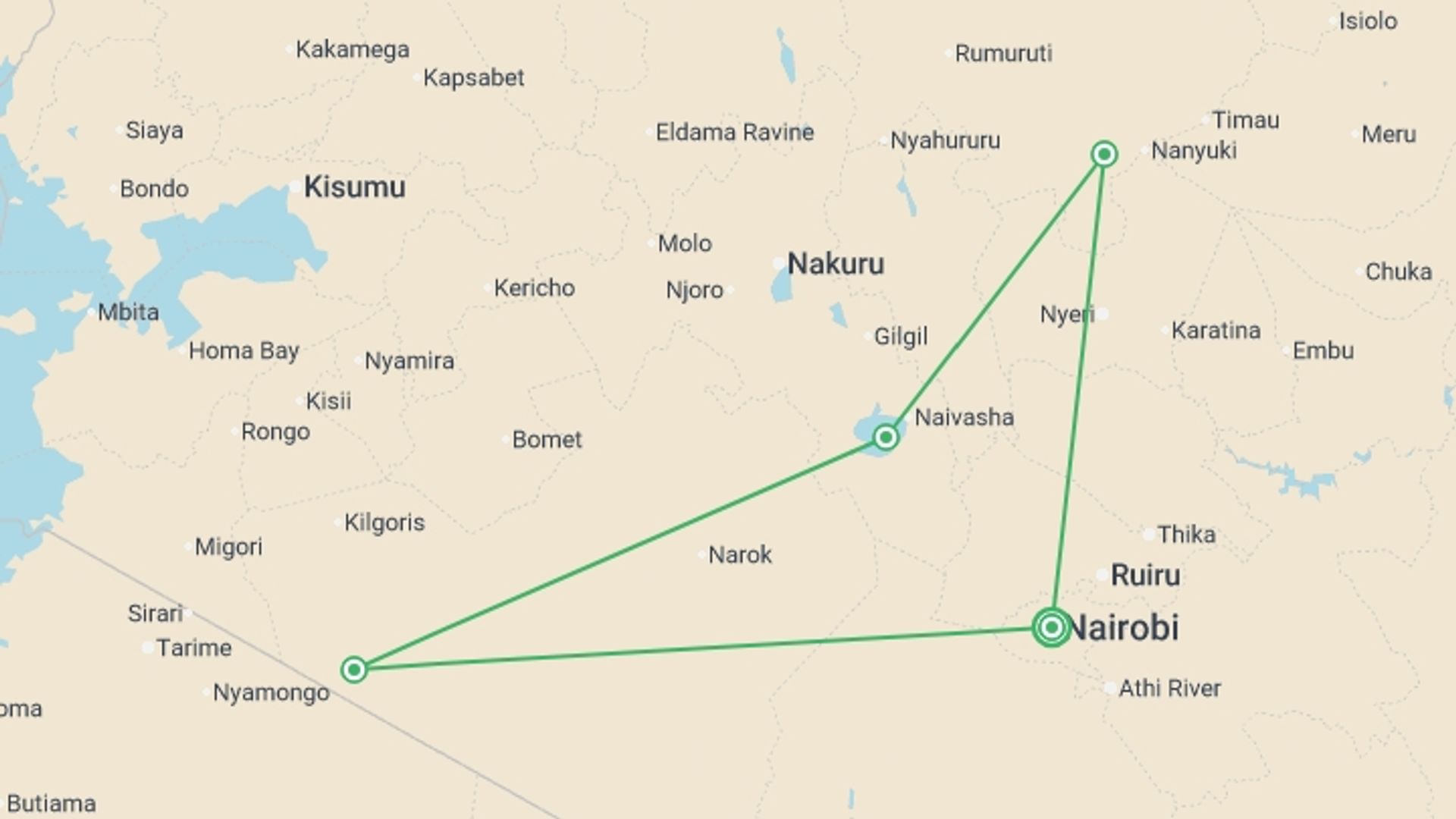 A map showing the tour itinerary for the trip: Kenya Safari with Maasai Mara - Small Group, starting in Nairobi, Kenya and ending in Nairobi, Kenya going through 3 other destinations.
