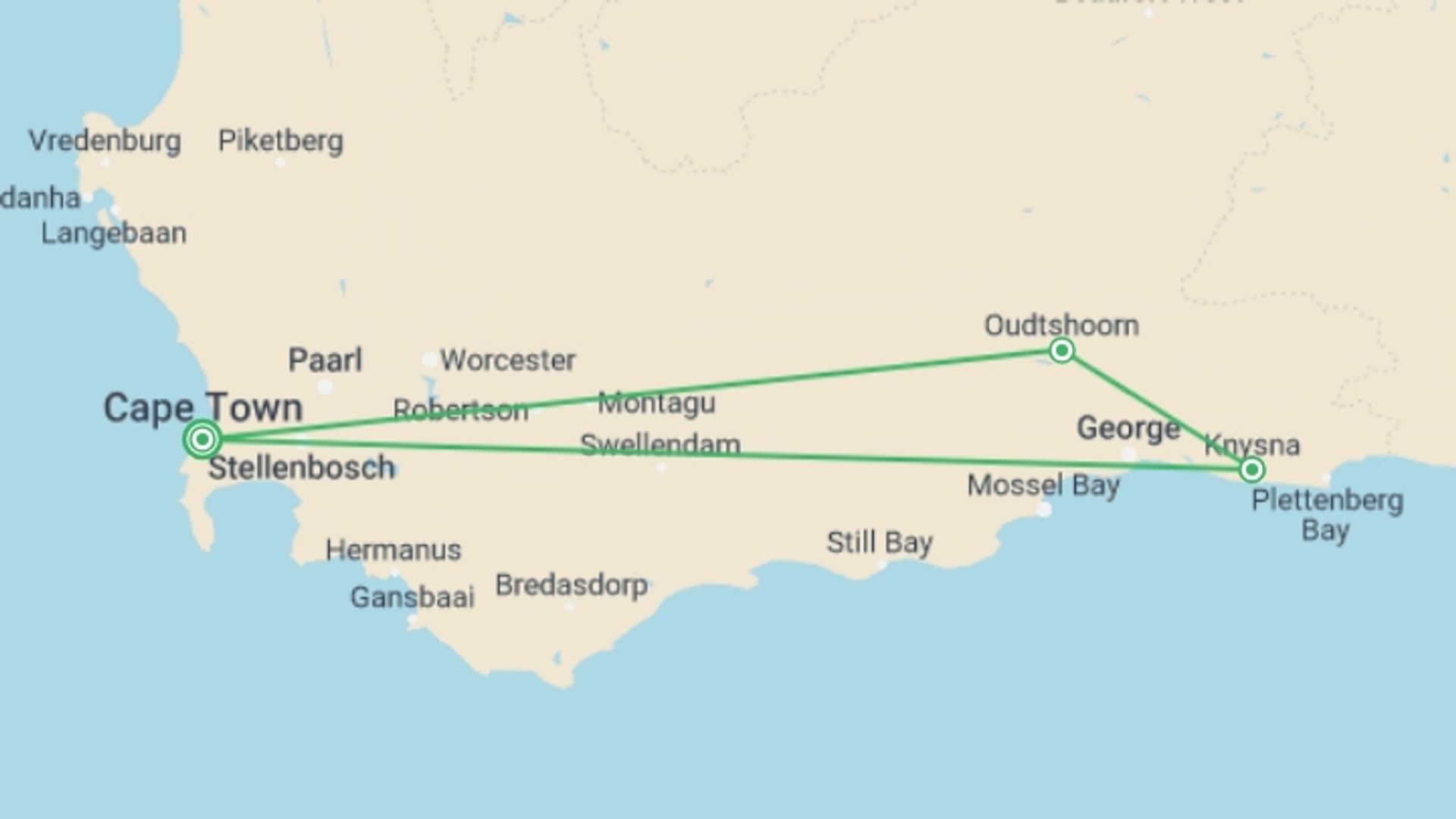 A map showing the tour itinerary for the trip: 4-day Highlights of the Garden Route Accommodated, starting in Cape Town, South Africa and ending in Cape Town, South Africa going through 2 other destinations.