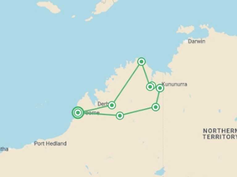 Map of Oceania Tour with 8 destination visits for the trip: Wild Kimberley Overland