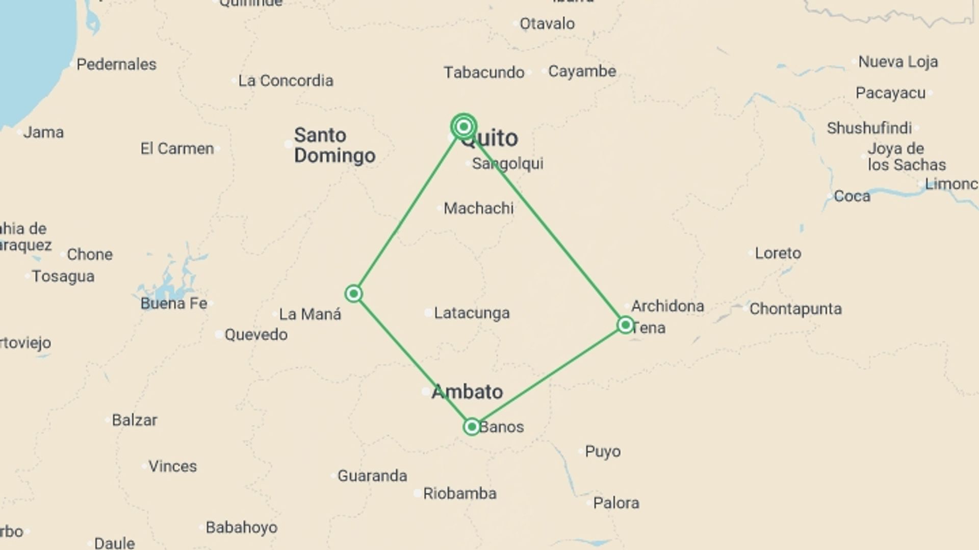A map showing the tour itinerary for the trip: Ecuador: The Amazon, Cloud Forests & Crater Lakes, starting in Quito, Ecuador and ending in Quito, Ecuador going through 3 other destinations.