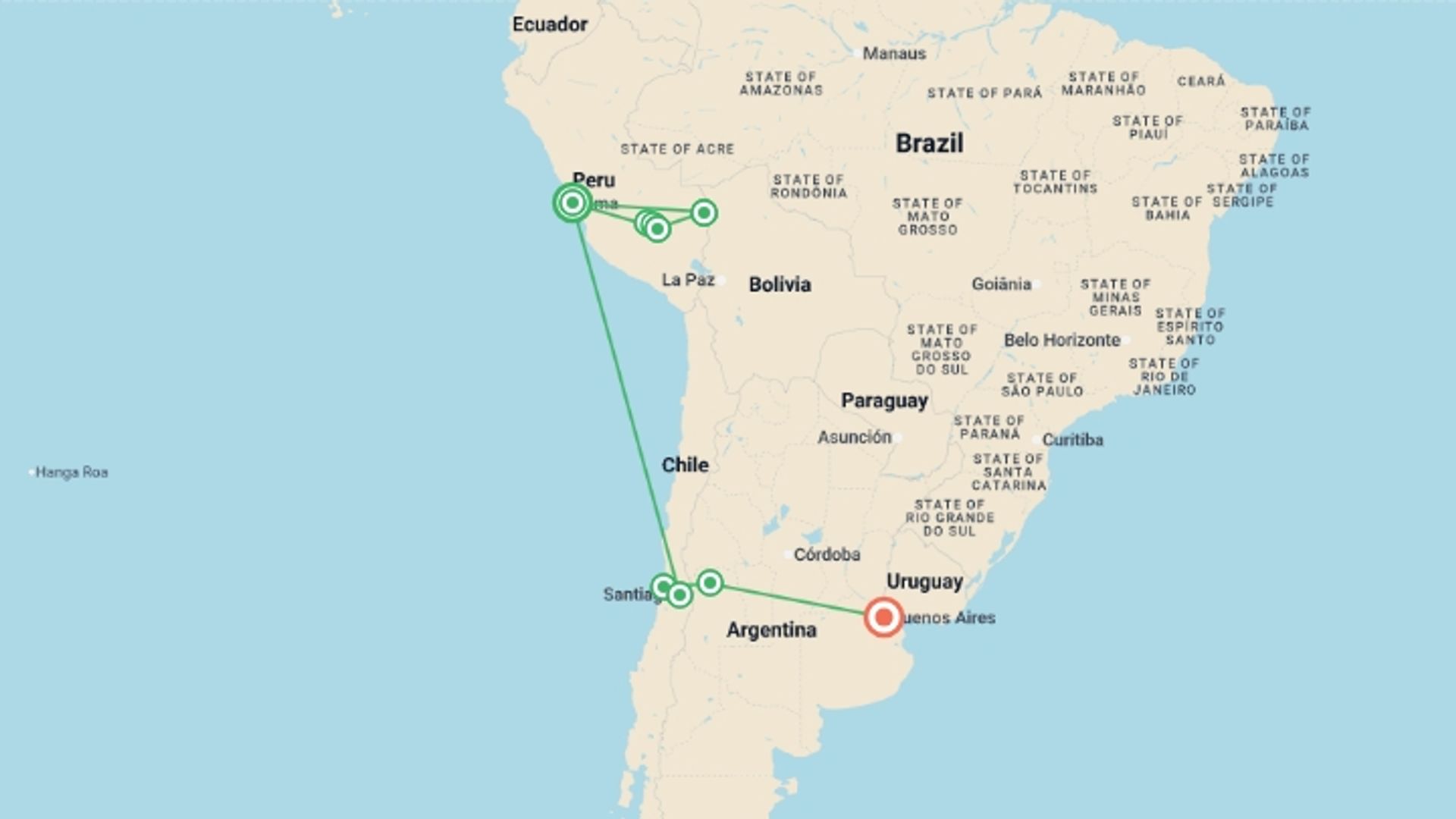 A map showing the tour itinerary for the trip: Premium Peru, Chile & Argentina, starting in Lima, Peru and ending in Buenos Aires, Argentina going through 7 other destinations.