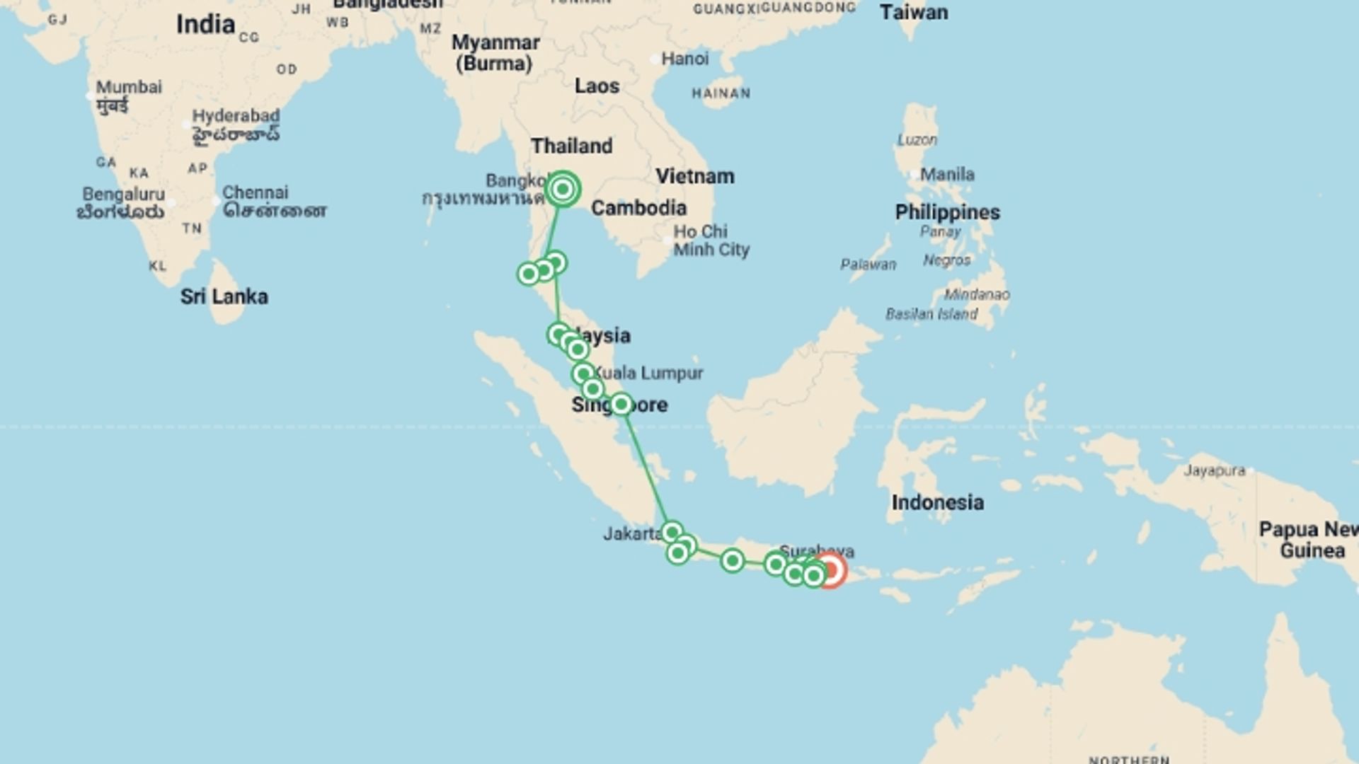 A map showing the tour itinerary for the trip: Bangkok to Bali Adventure: Street Eats & Beaches, starting in Bangkok, Thailand and ending in Gili Trawangan, Indonesia going through 20 other destinations.