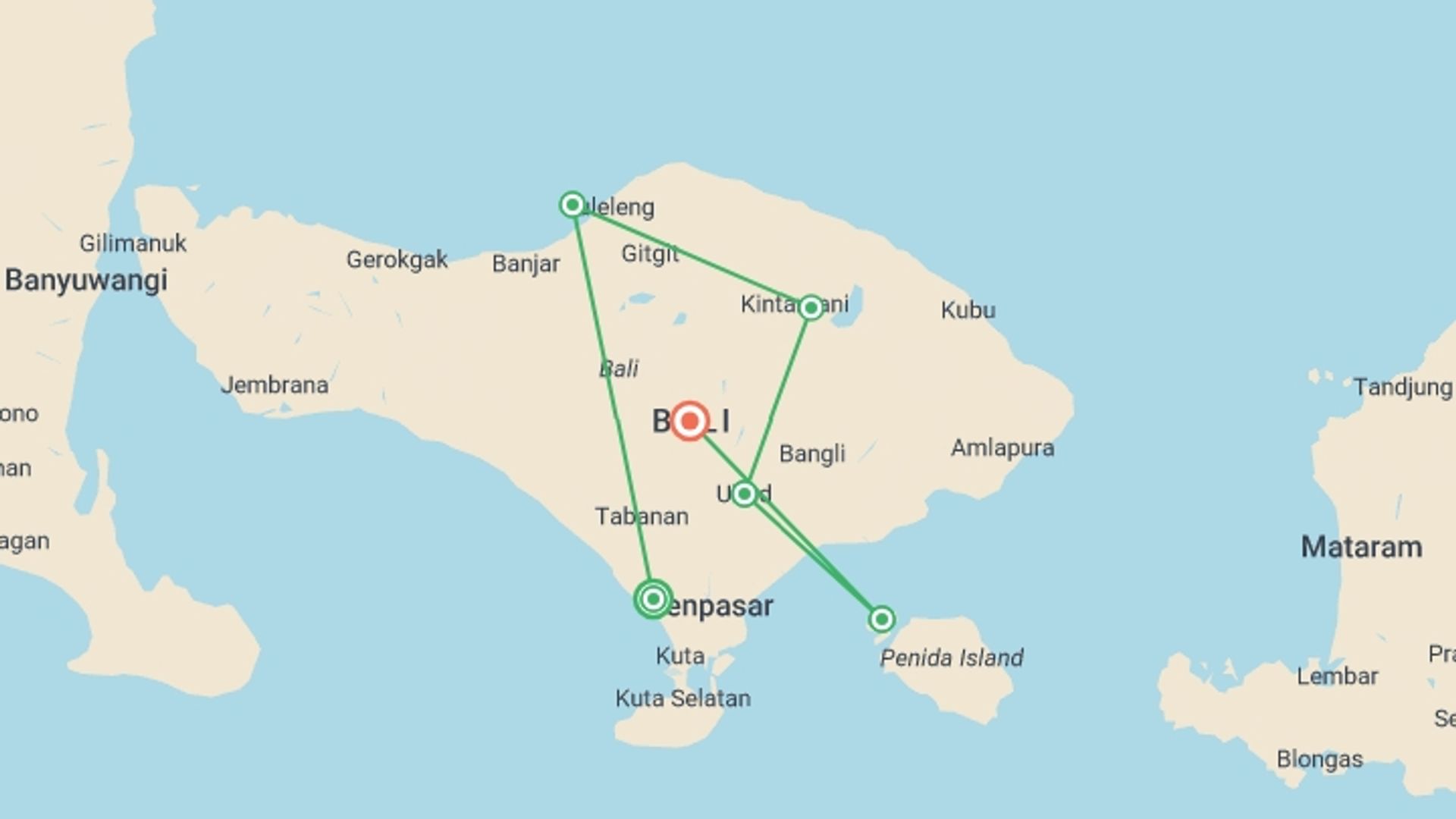 A map showing the tour itinerary for the trip: Bali to Lembongan: Island Hopping Bliss, starting in Canggu, Indonesia and ending in Bali, Indonesia going through 4 other destinations.