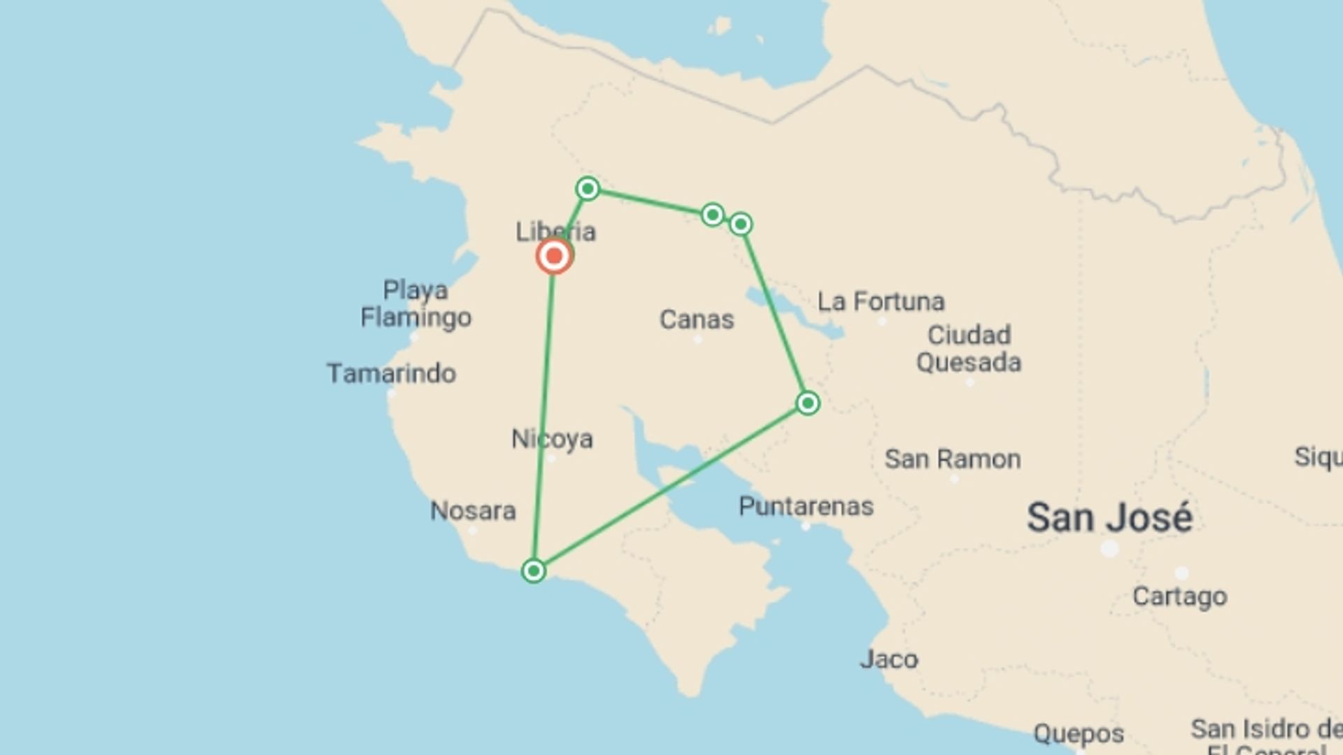 A map showing the tour itinerary for the trip: Costa Rica Self-Drive Adventure, starting in Liberia City, Costa Rica and ending in Guanacaste, Costa Rica going through 9 other destinations.