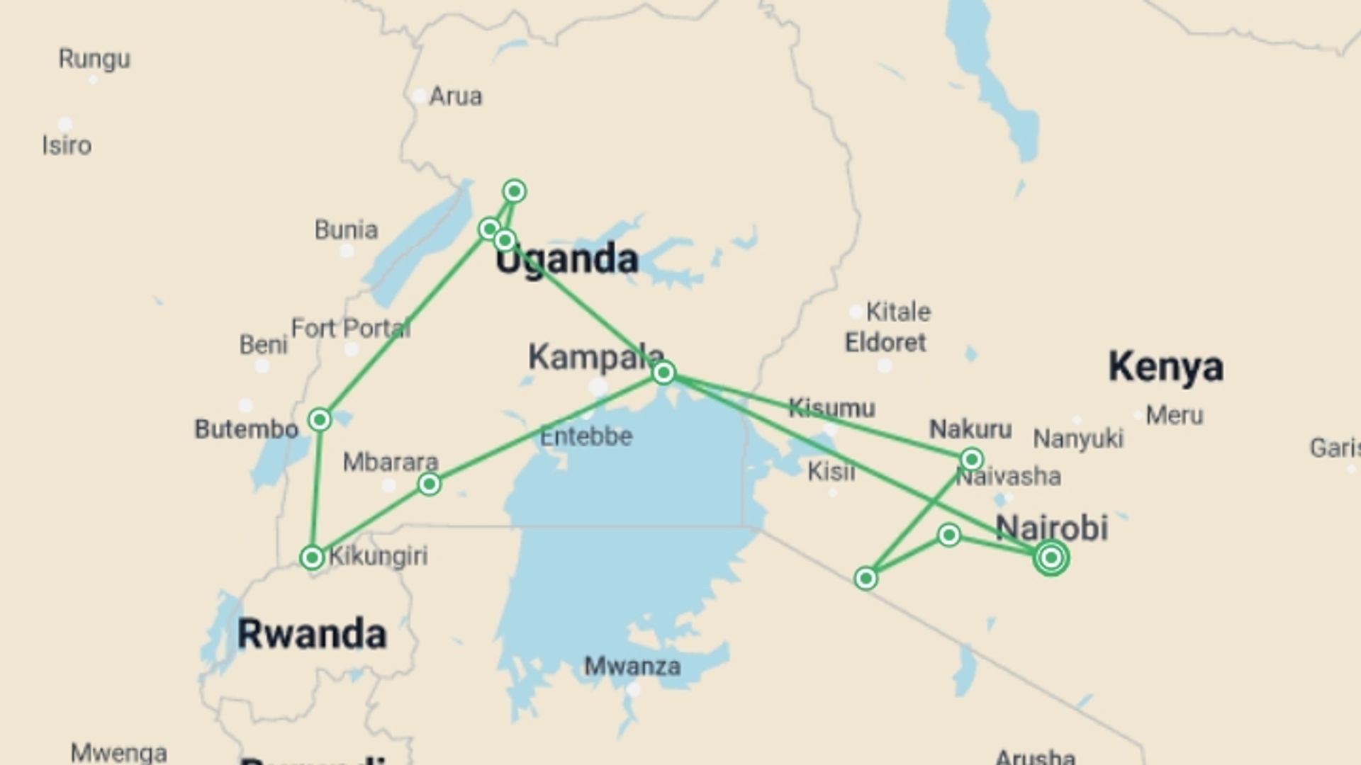 A map showing the tour itinerary for the trip: Gorillas & Plains, starting in Nairobi, Kenya and ending in Nairobi, Kenya going through 9 other destinations.