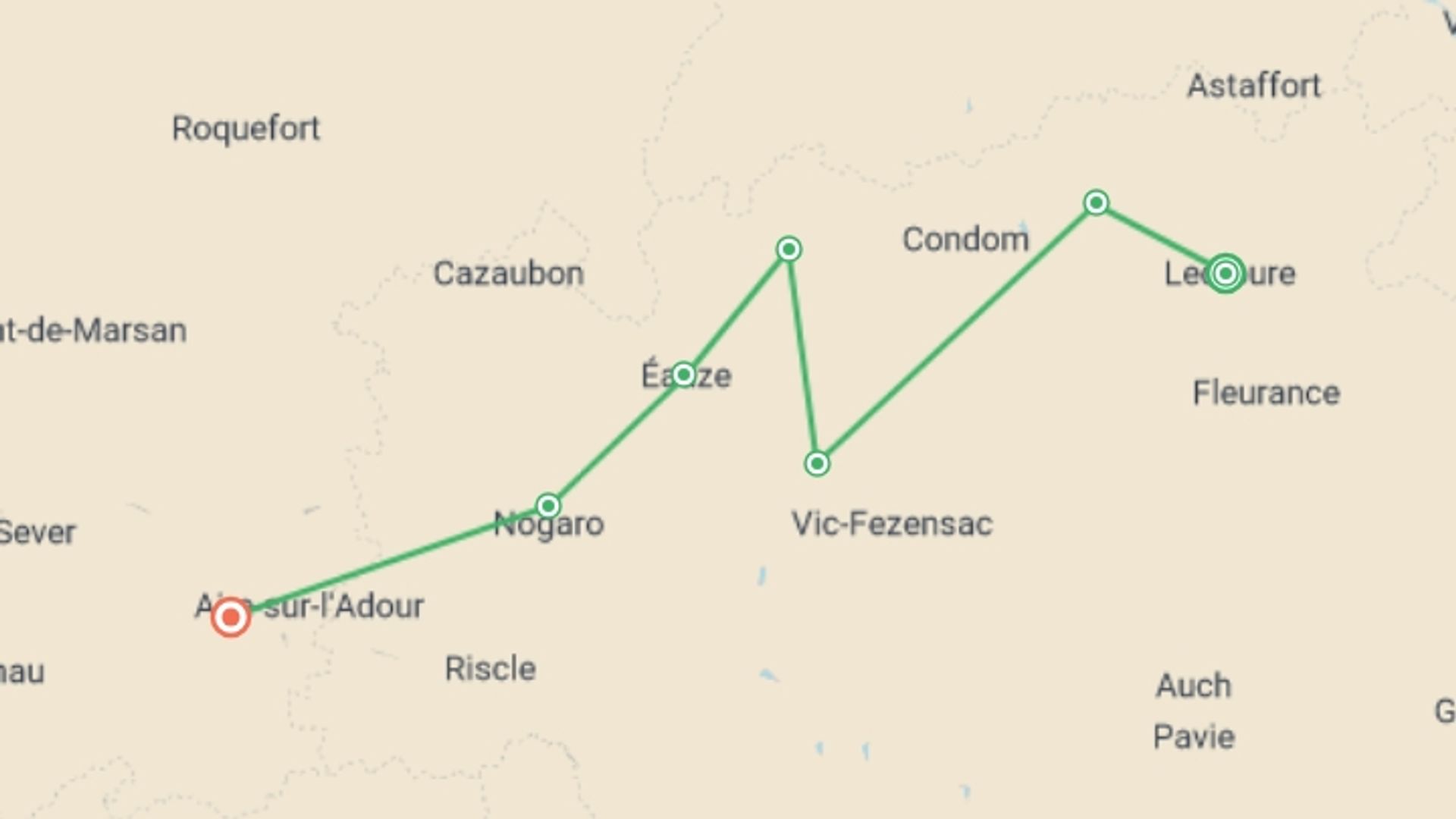 A map showing the tour itinerary for the trip: Le Puy Camino - Lectoure to Aire sur l'Adour, starting in Lectoure, France and ending in Aire Sur L'adour, France going through 7 other destinations.