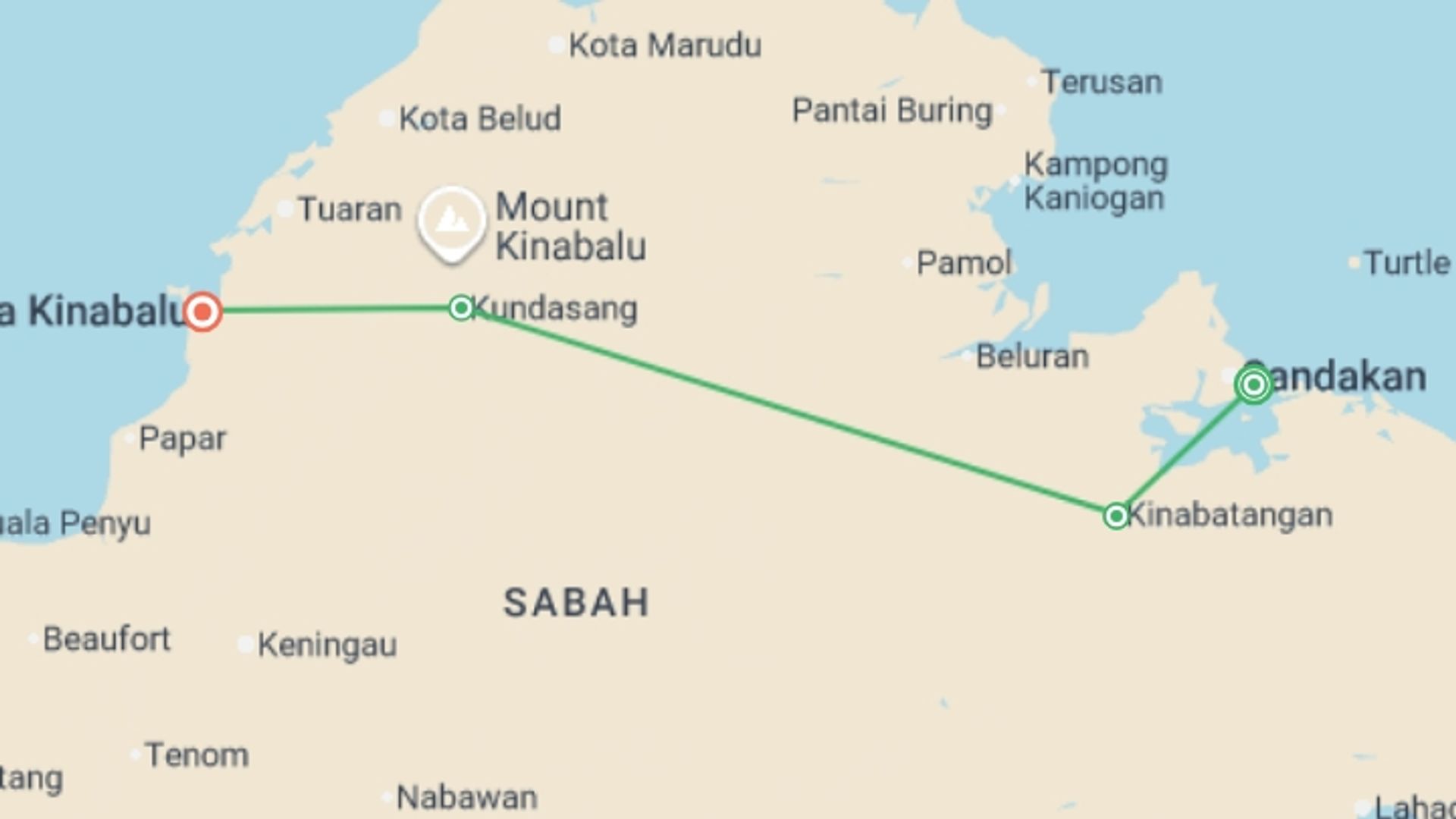A map showing the tour itinerary for the trip: Wild Encounters of Borneo - Small Group, starting in Sandakan, Malaysia and ending in Kota Kinabalu, Malaysia going through 2 other destinations.