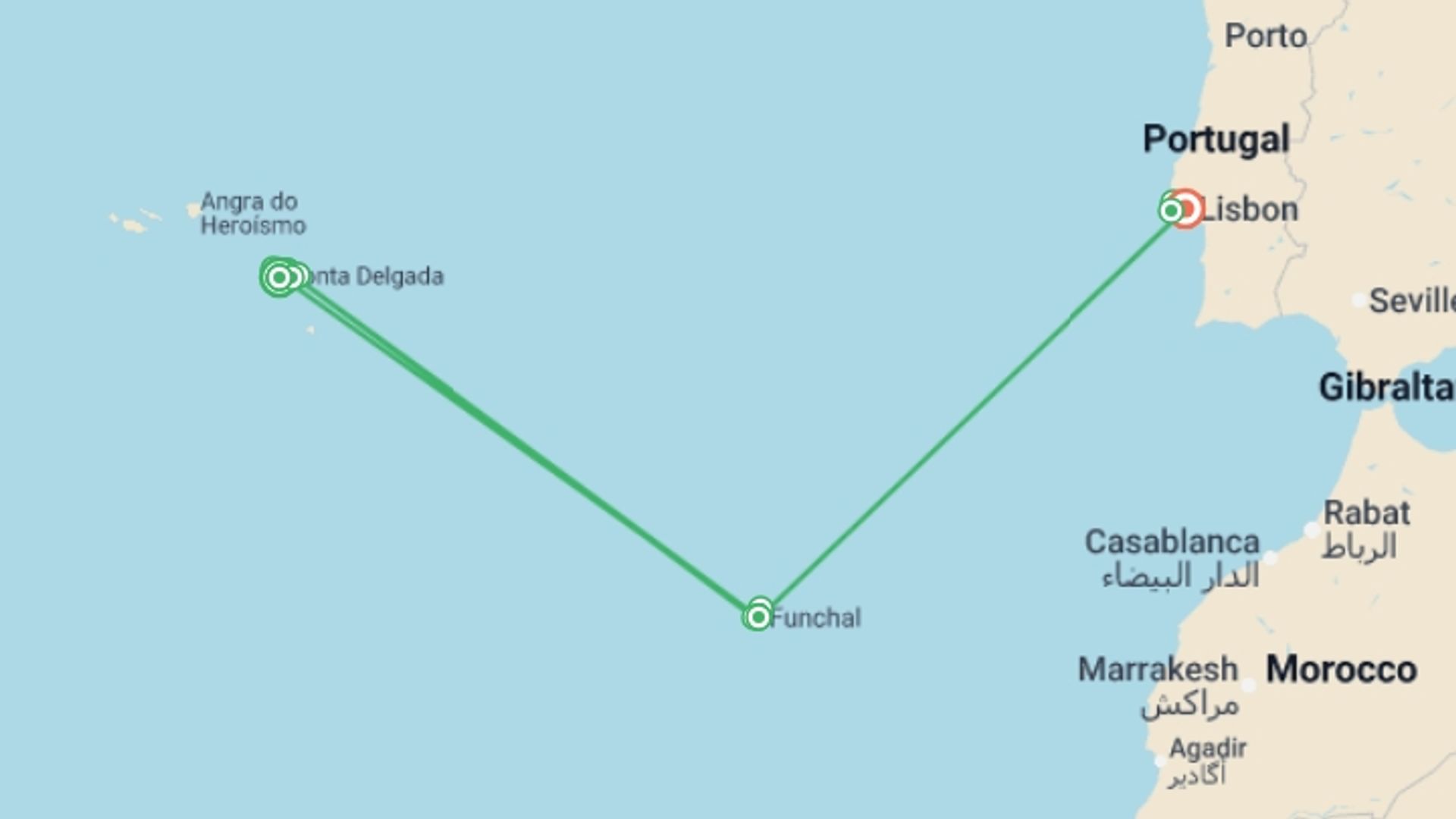 A map showing the tour itinerary for the trip: Wonders of the Azores, Madeira & Portugal - 11 days, starting in Ponta delgada, Portugal and ending in Lisbon, Portugal going through 1 other destinations.