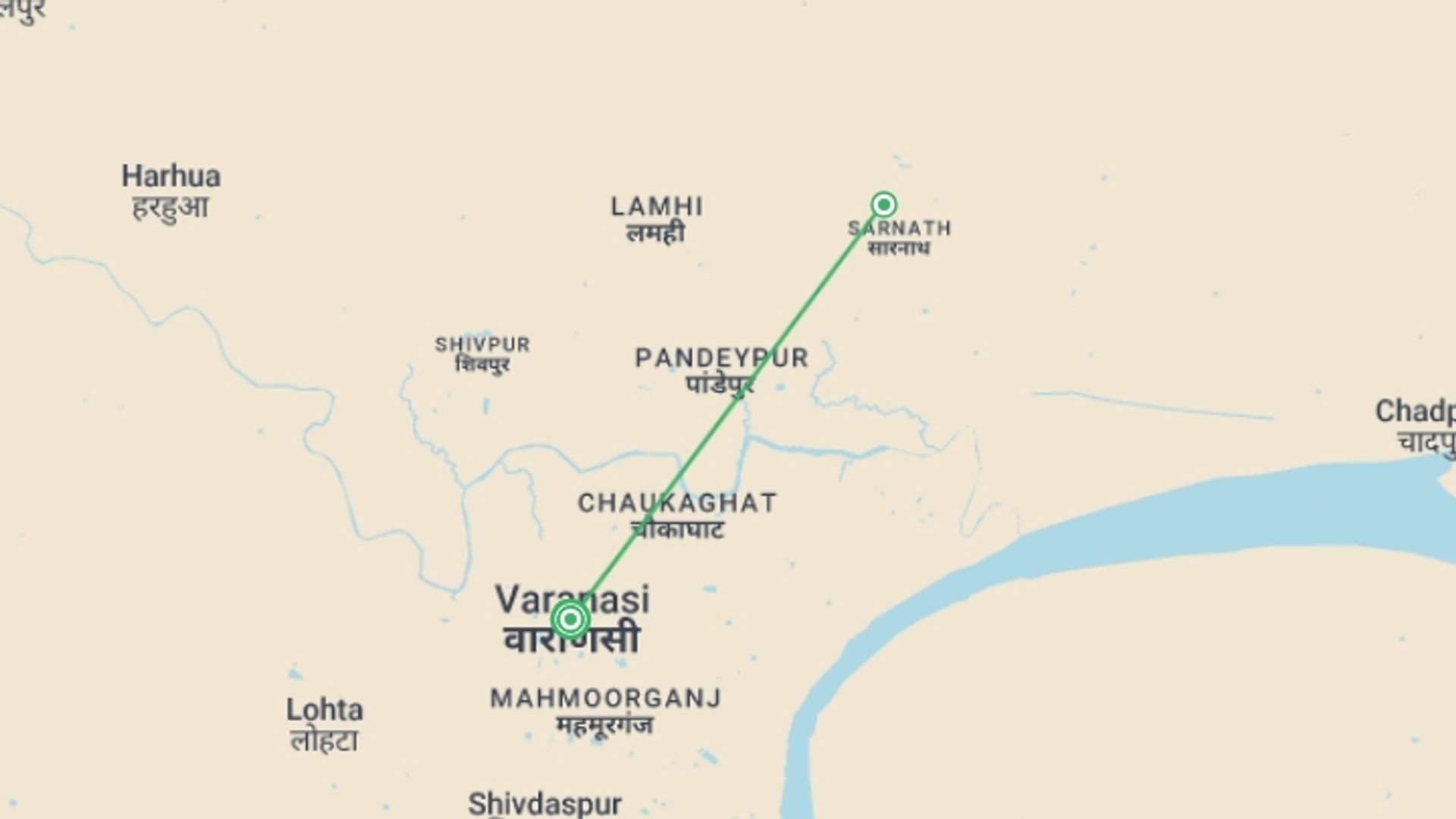 A map showing the tour itinerary for the trip: Spiritual Experience In Varanasi, starting in Varanasi, India and ending in Varanasi, India going through 0 other destinations.