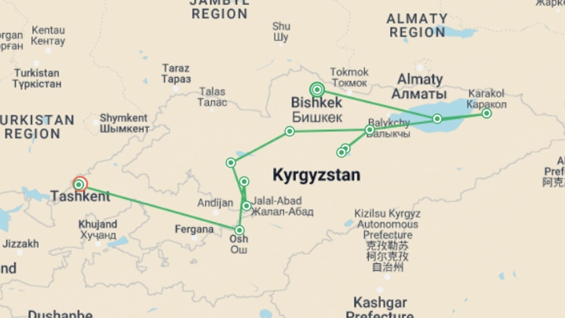 A map showing the tour itinerary for the trip: Kyrgyzstan's Silk Road Journey, starting in Bishkek, Kyrgyzstan and ending in Tashkent, Uzbekistan going through 8 other destinations.