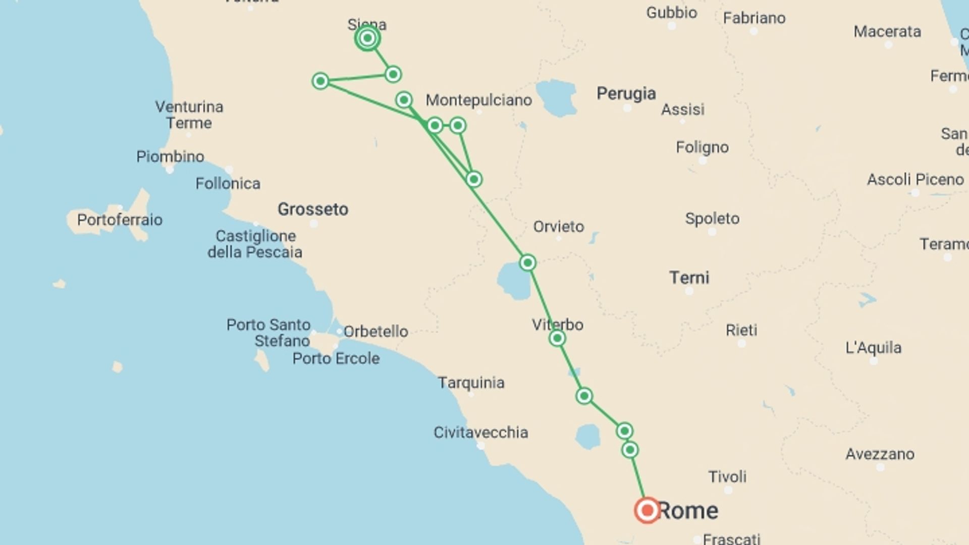 A map showing the tour itinerary for the trip: Cycle the Via Francigena - Siena to Rome, starting in Siena, Italy and ending in Rome, Italy going through 6 other destinations.