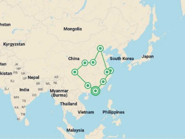 Map of China Tour with 9 destination visits for the trip: China on a Shoestring
