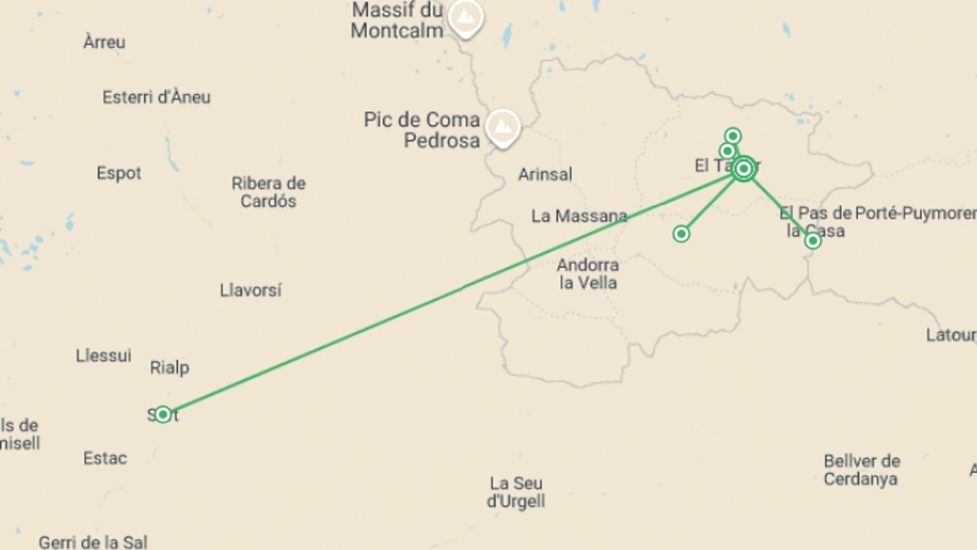 A map showing the tour itinerary for the trip: Summer Pyrenees Family Holiday with teenagers, starting in Soldeu, Andorra and ending in Soldeu, Andorra going through 0 other destinations.