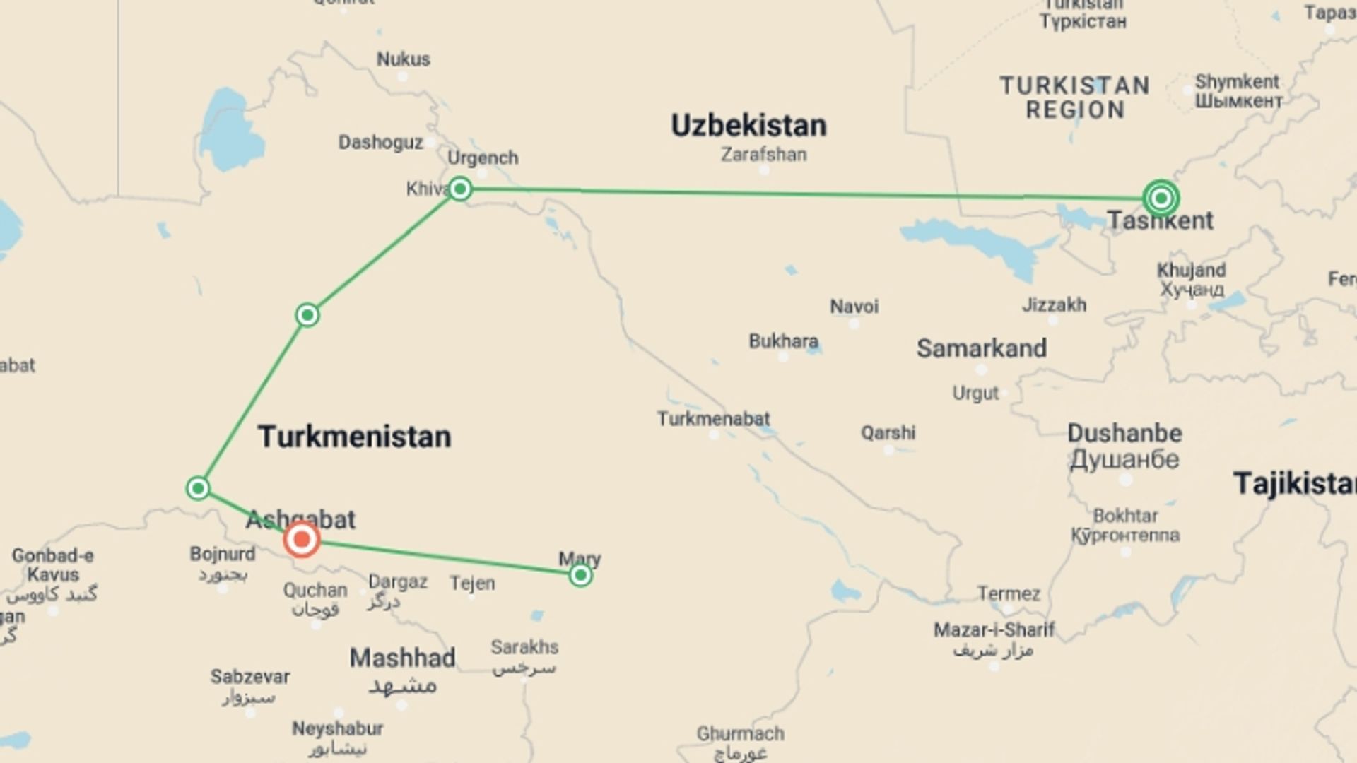 A map showing the tour itinerary for the trip: Tashkent to Ashgabat, starting in Tashkent, Uzbekistan and ending in Ashgabat, Turkmenistan going through 4 other destinations.