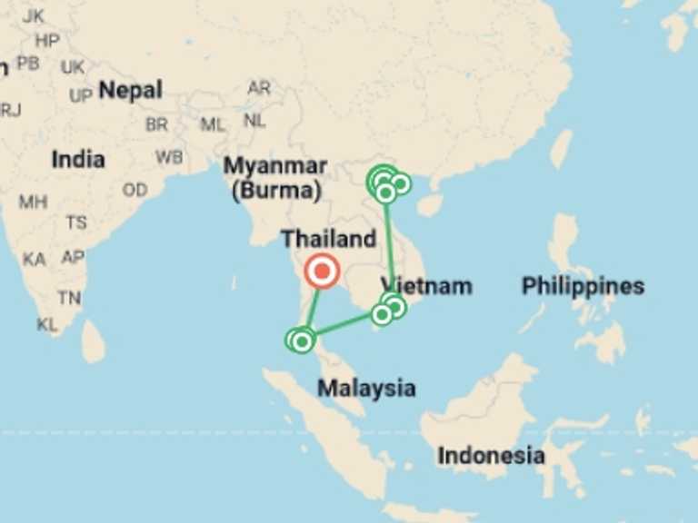 Map itinerary of South East Asia Tour in July 2026 with 7 destination visits for the trip: Highlights of Vietnam and Thailand