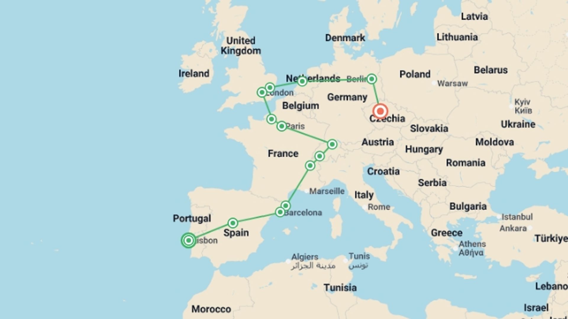 A map showing the tour itinerary for the trip: Complete Europe, starting in Lisbon, Portugal and ending in Prague, Czech Republic going through 12 other destinations.