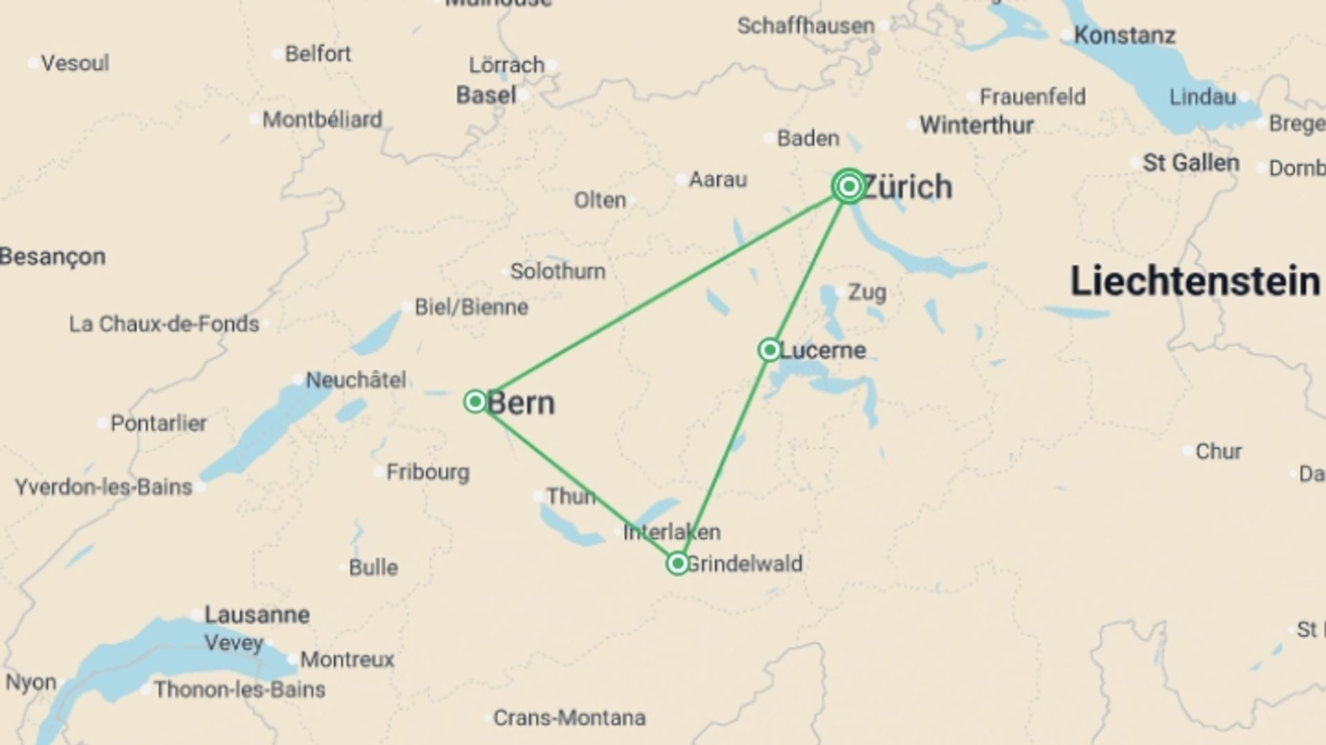 A map showing the tour itinerary for the trip: Best of Switzerland, starting in Zurich, Switzerland and ending in Zurich, Switzerland going through 3 other destinations.