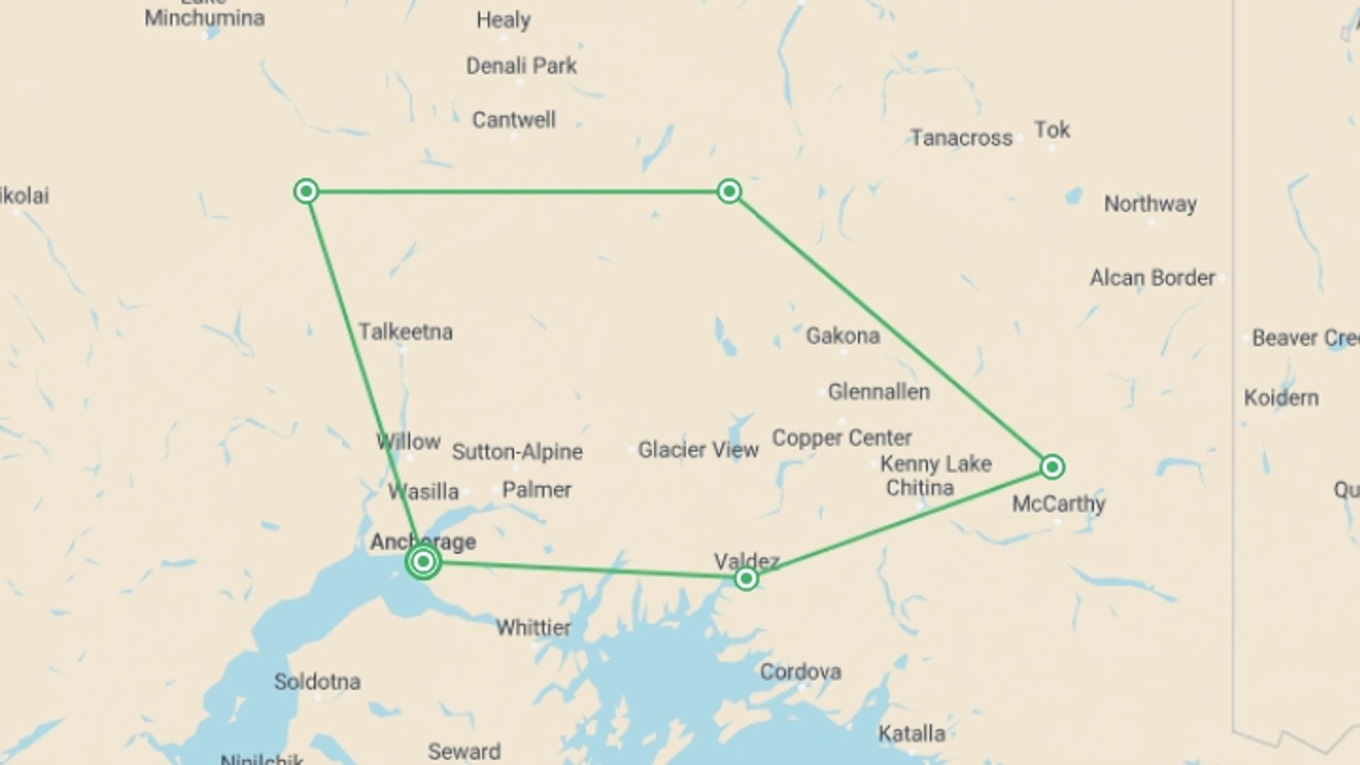 A map showing the tour itinerary for the trip: Denali Alaska Highlights, starting in Anchorage, USA and ending in Anchorage, USA going through 5 other destinations.