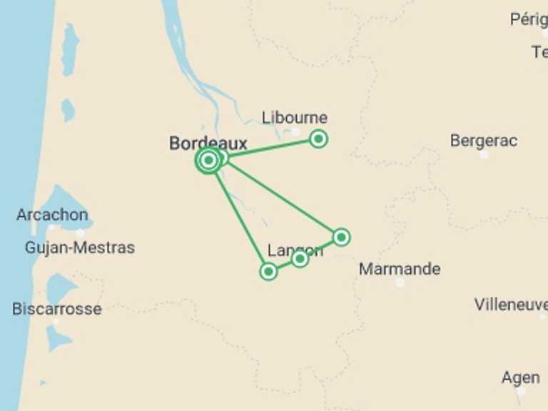 Map itinerary of Bordeaux Tour in Fall with 6 destination visits for the trip: Bordeaux Vineyard Walk