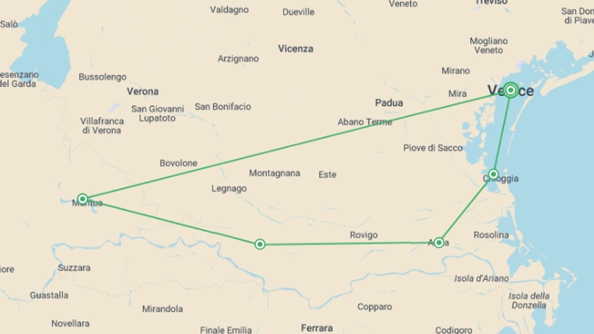 A map showing the tour itinerary for the trip: Veneto Bike & Boat, starting in Venice, Italy and ending in Venice, Italy going through 0 other destinations.
