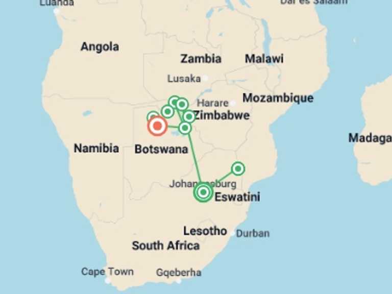 Map of Botswana and South Africa Tour with 8 destination visits for the trip: Ultimate African Safari: Kruger, Hwange, Chobe, & the Okavango Delta