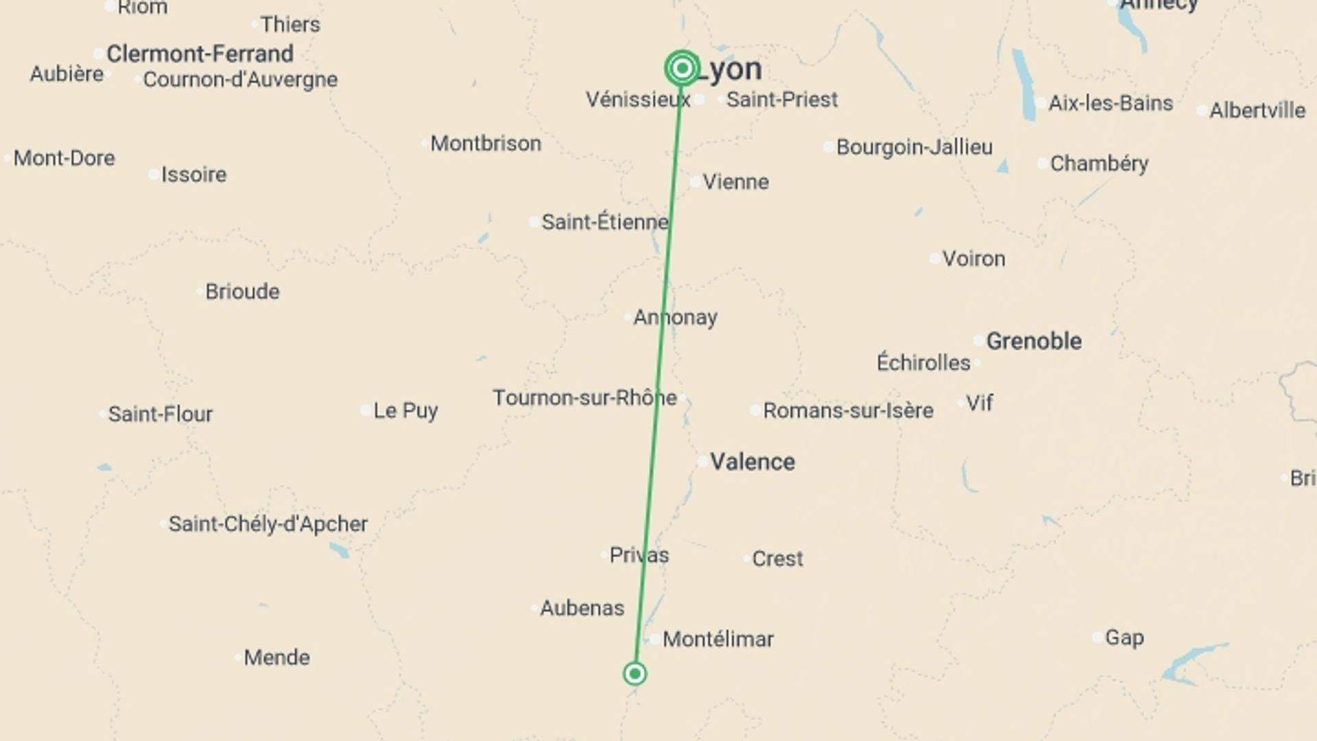 A map showing the tour itinerary for the trip: Christmas along the Rhône - Between traditions, historical discoveries, and indulgent moments (port-to-port cruise), starting in Lyon, France and ending in Lyon, France going through 1 other destinations.