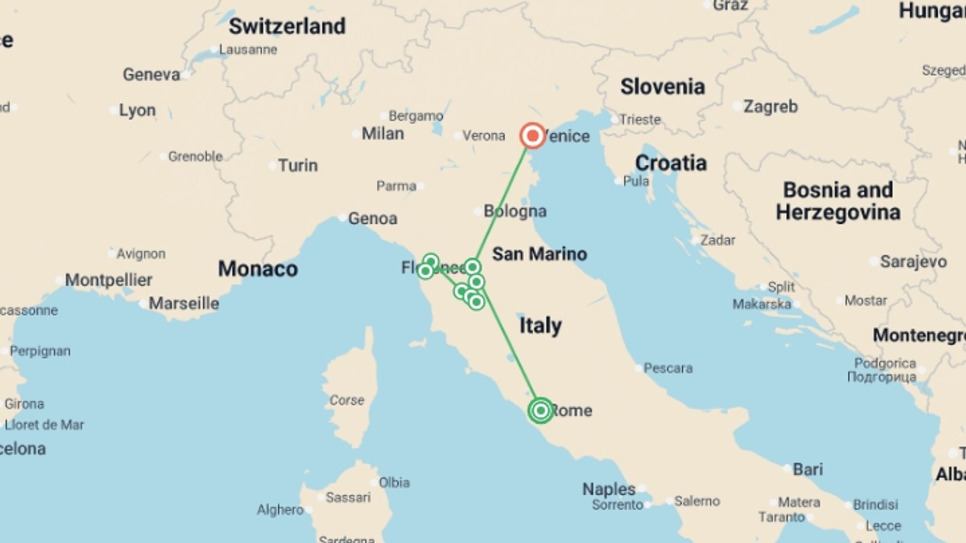 A map showing the tour itinerary for the trip: Premium Rome to Venice, starting in Rome, Italy and ending in Venice, Italy going through 2 other destinations.