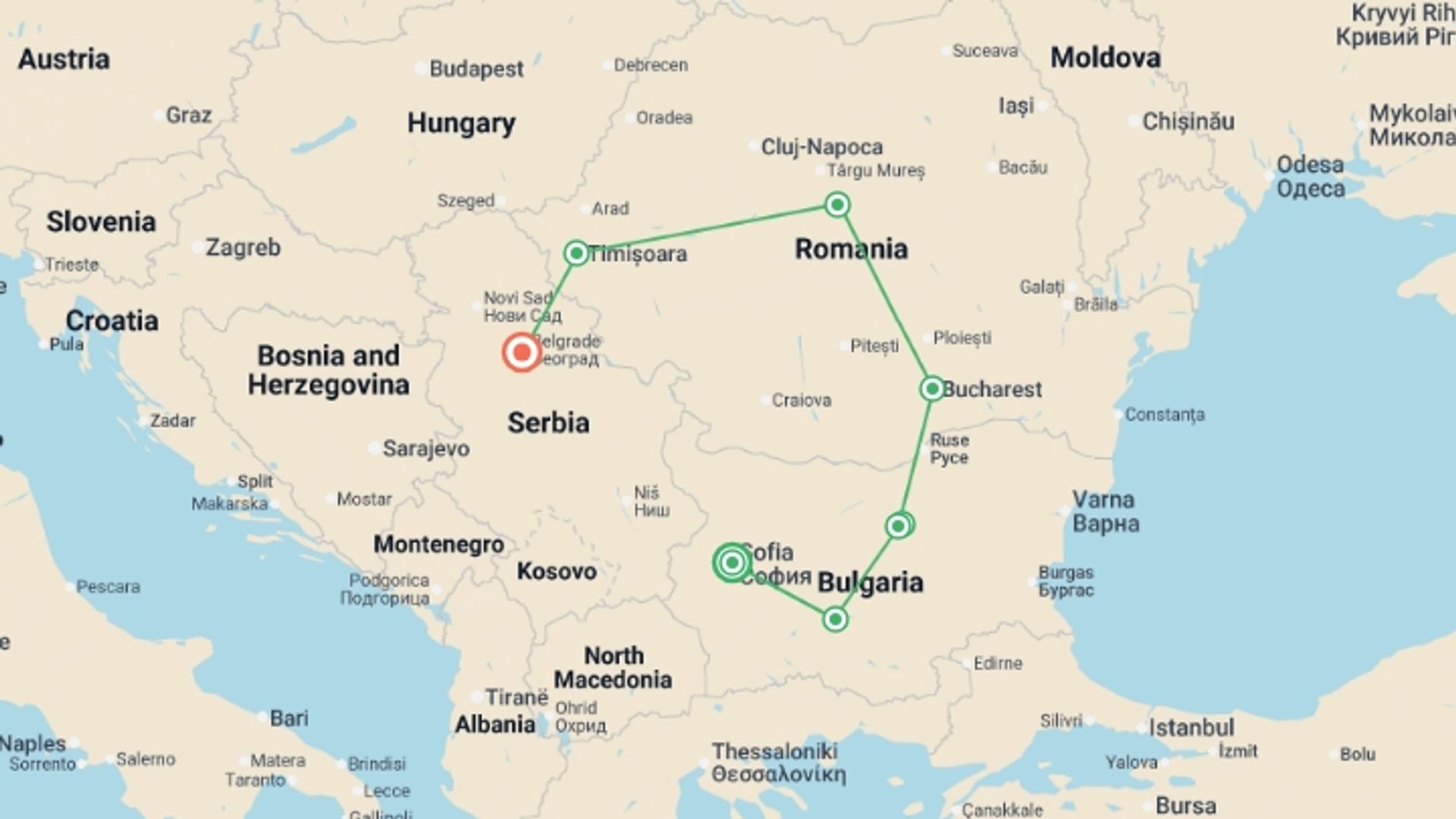 A map showing the tour itinerary for the trip: From Sofia to Belgrade, starting in Sofia, Bulgaria and ending in Belgrade, Serbia going through 6 other destinations.