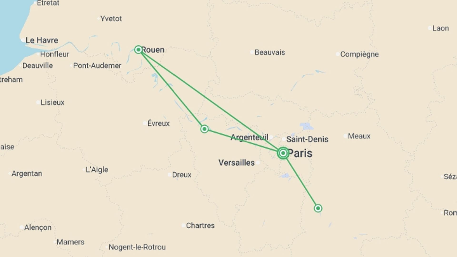 A map showing the tour itinerary for the trip: THE HISTORY OF FRANCE FROM PARIS TO NORMANDY Between heritage, landscapes, and Impressionist nuances (port-to-port cruise), starting in Paris, France and ending in Paris, France going through 3 other destinations.