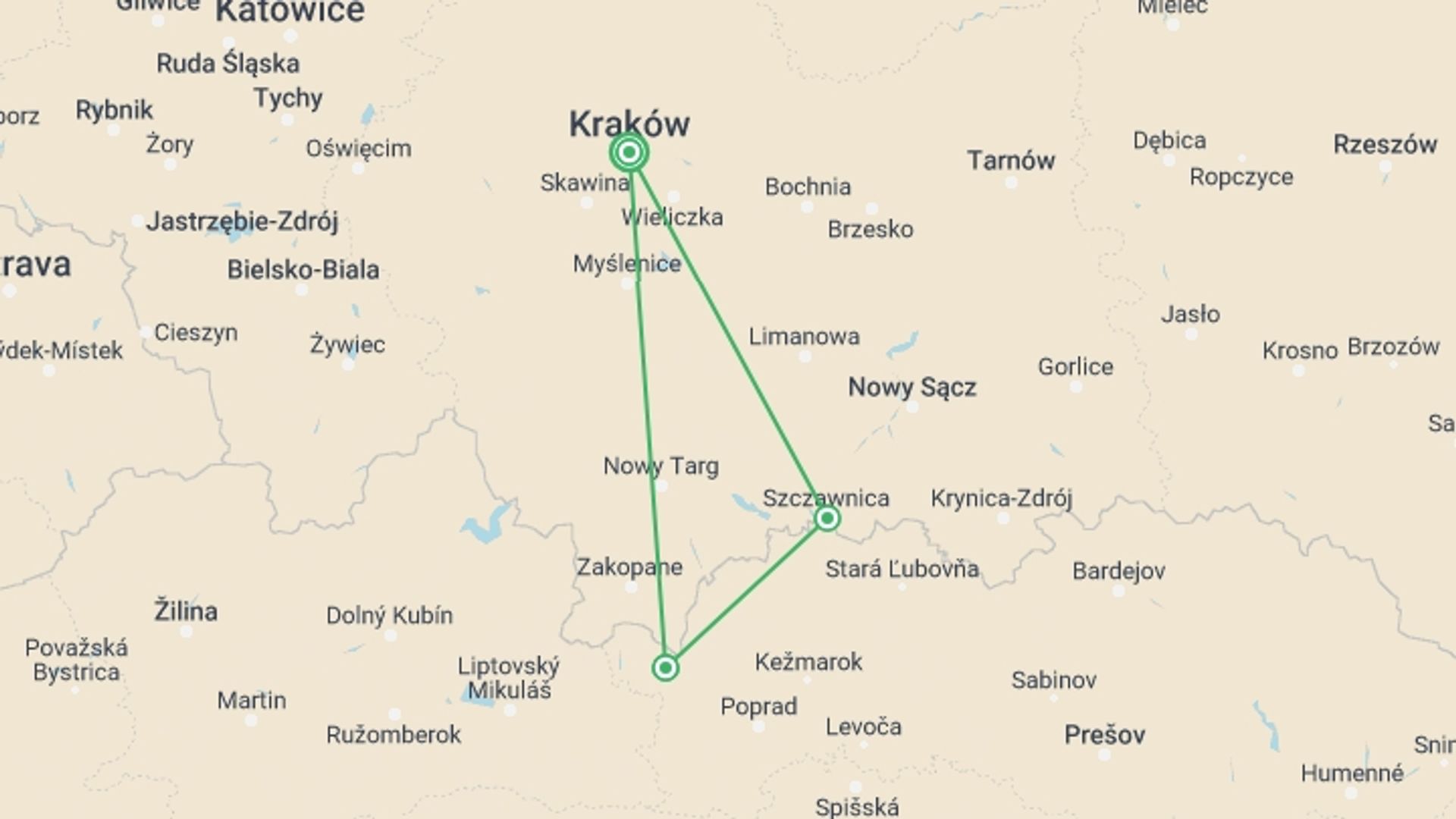 A map showing the tour itinerary for the trip: Cycling Krakow to High Tatras, starting in Krakow, Poland and ending in Krakow, Poland going through 3 other destinations.