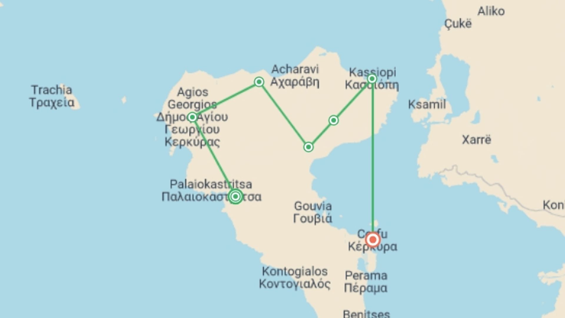 A map showing the tour itinerary for the trip: Walking the Corfu Trail (North), starting in Liapades, Greece and ending in Corfu, Greece going through 5 other destinations.