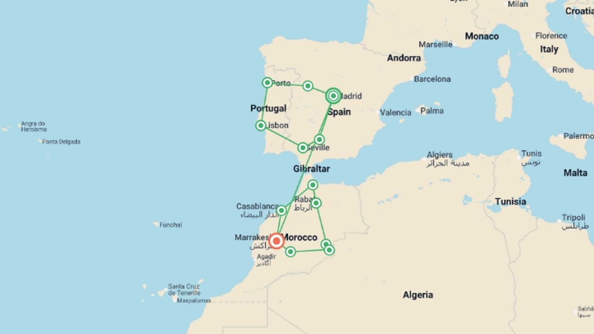 A map showing the tour itinerary for the trip: Spain, Portugal and Morocco Highlights, starting in Madrid, Spain and ending in Marrakech, Morocco going through 12 other destinations.