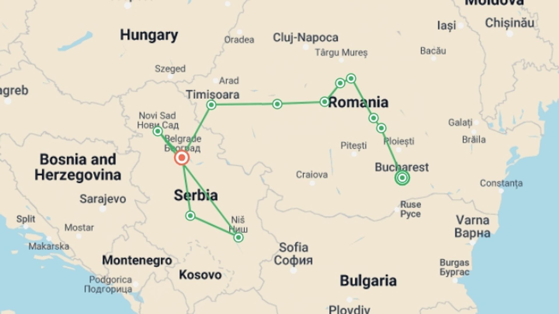 A map showing the tour itinerary for the trip: Romanian and Serbian Treasures, starting in Bucharest, Romania and ending in Belgrade, Serbia going through 5 other destinations.