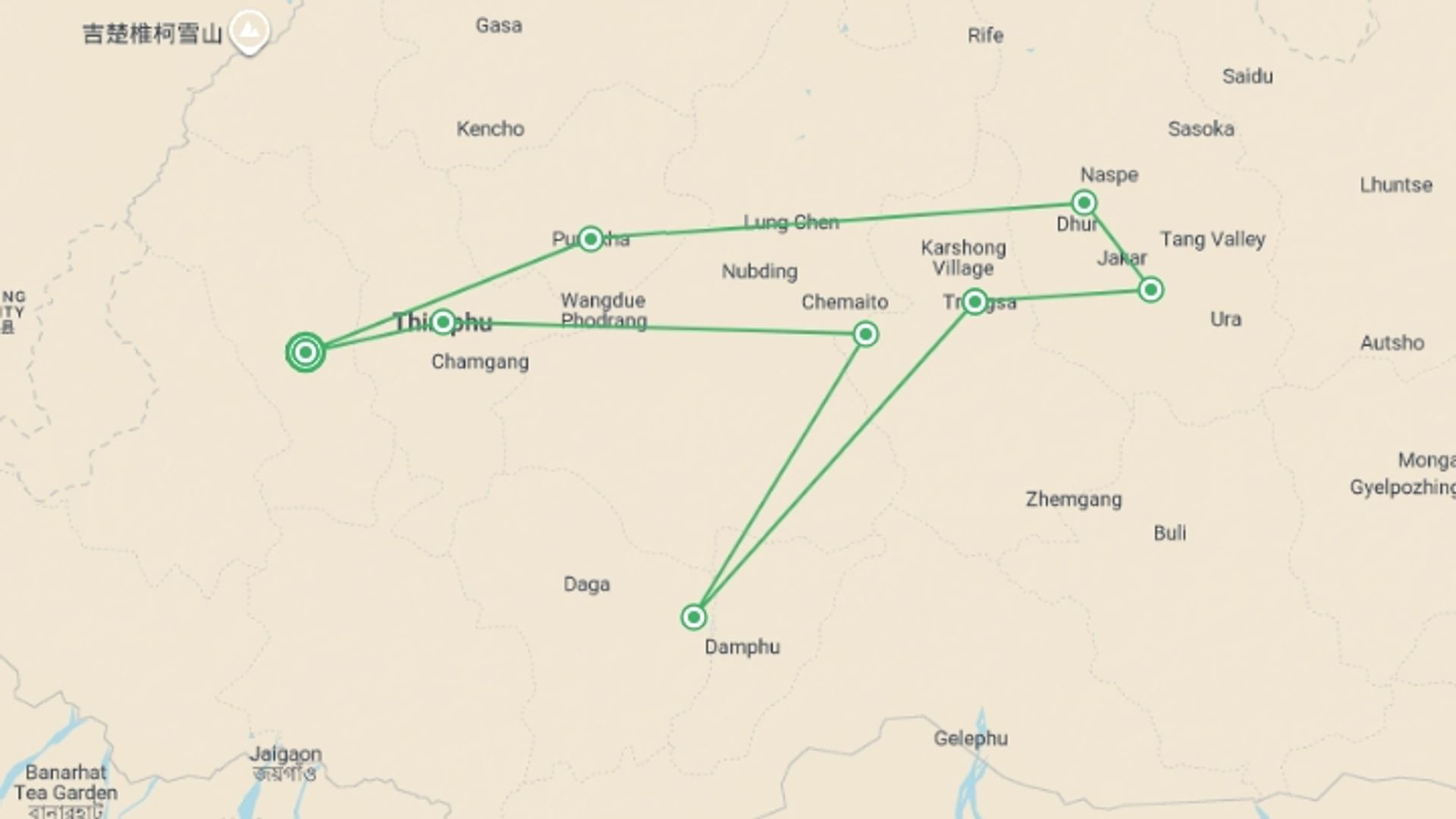 A map showing the tour itinerary for the trip: Camp the Trans Bhutan Trail, starting in Paro, Bhutan and ending in Paro, Bhutan going through 7 other destinations.