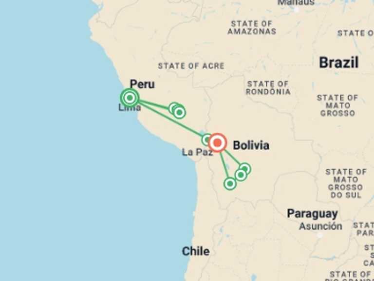Map itinerary of Lima Tour in September 2026 with 9 destination visits for the trip: Journeys: Treasures of Peru & Bolivia