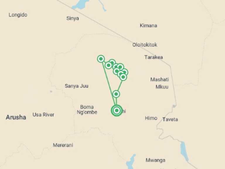 Map of Moshi Climbing Tour with 11 destination visits for the trip: Mt. Kilimanjaro Lemosho route 10 days - start at 3,500m